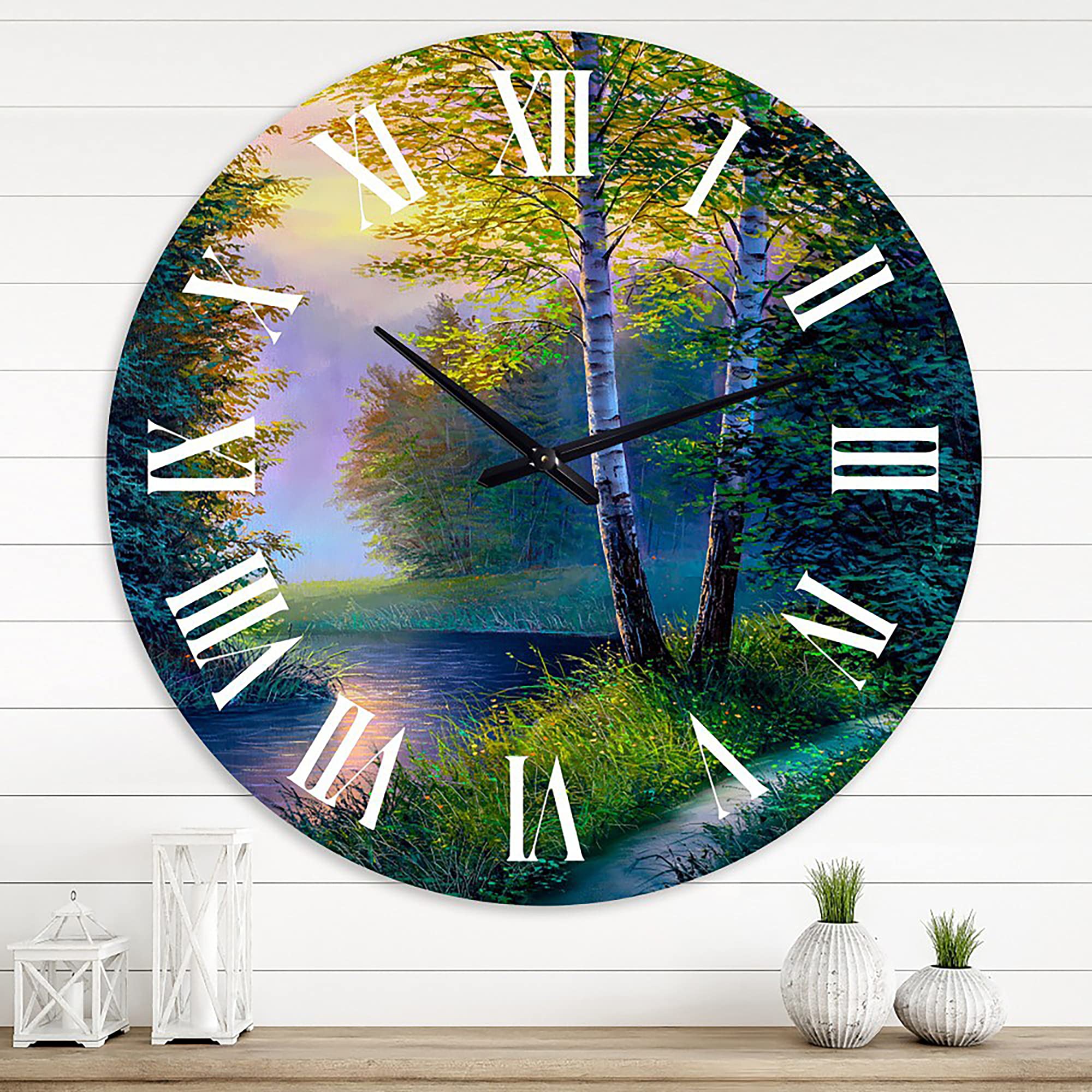 DesignQ Lake House Wall Clock 'Morning Sunlight Through The Birch Forest' - Large Landscape Nature Wall Clock for Home & Office Decor - Perfect for Living Room, Bedroom, Kitchen, and Workspace