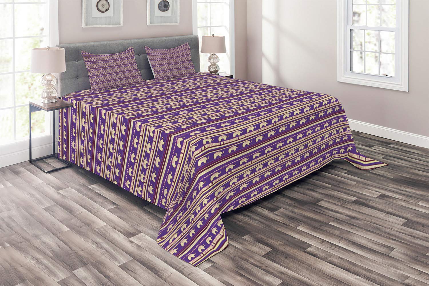 Lunarable Elephant Bohemian Tribal Quilted Bedspread Set - King Size 3-Piece Bedding with 2 Pillow Shams, Blue Violet Plum Stripe Design | Perfect for Boho Chic Bedroom Decor, Guest Room Makeover & Cozy Home Styling
