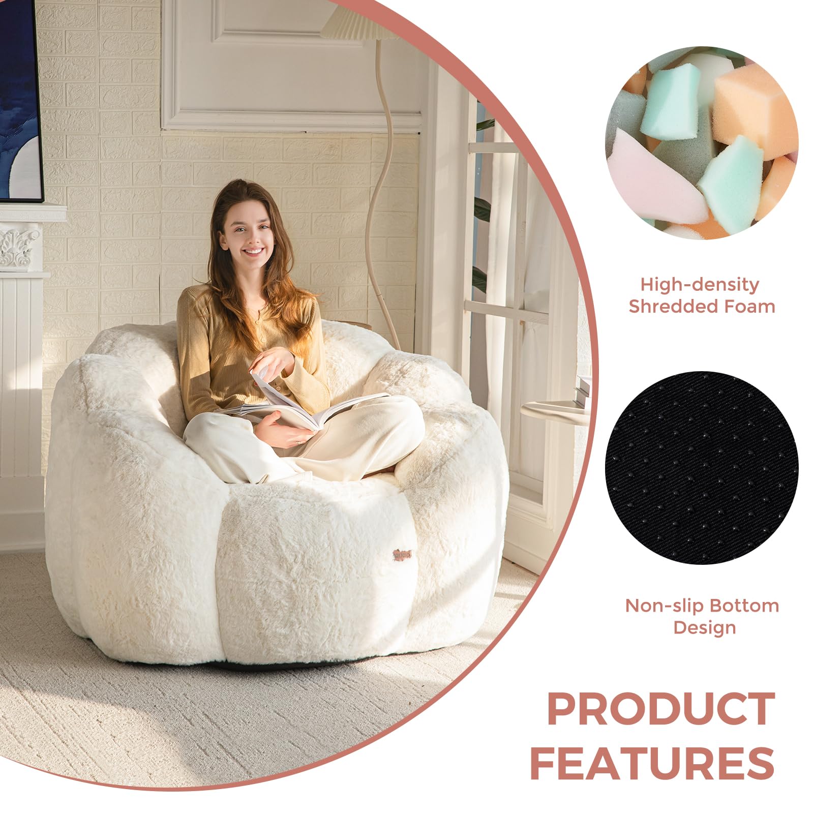 MAXYOYO Floral Bean Bag Chair - Ultra Soft Faux Fur Petal Back Sofa for Adults, Single Size Beige | Cozy Lounge Chair for Living Room, Bedroom & Game Room Relaxation