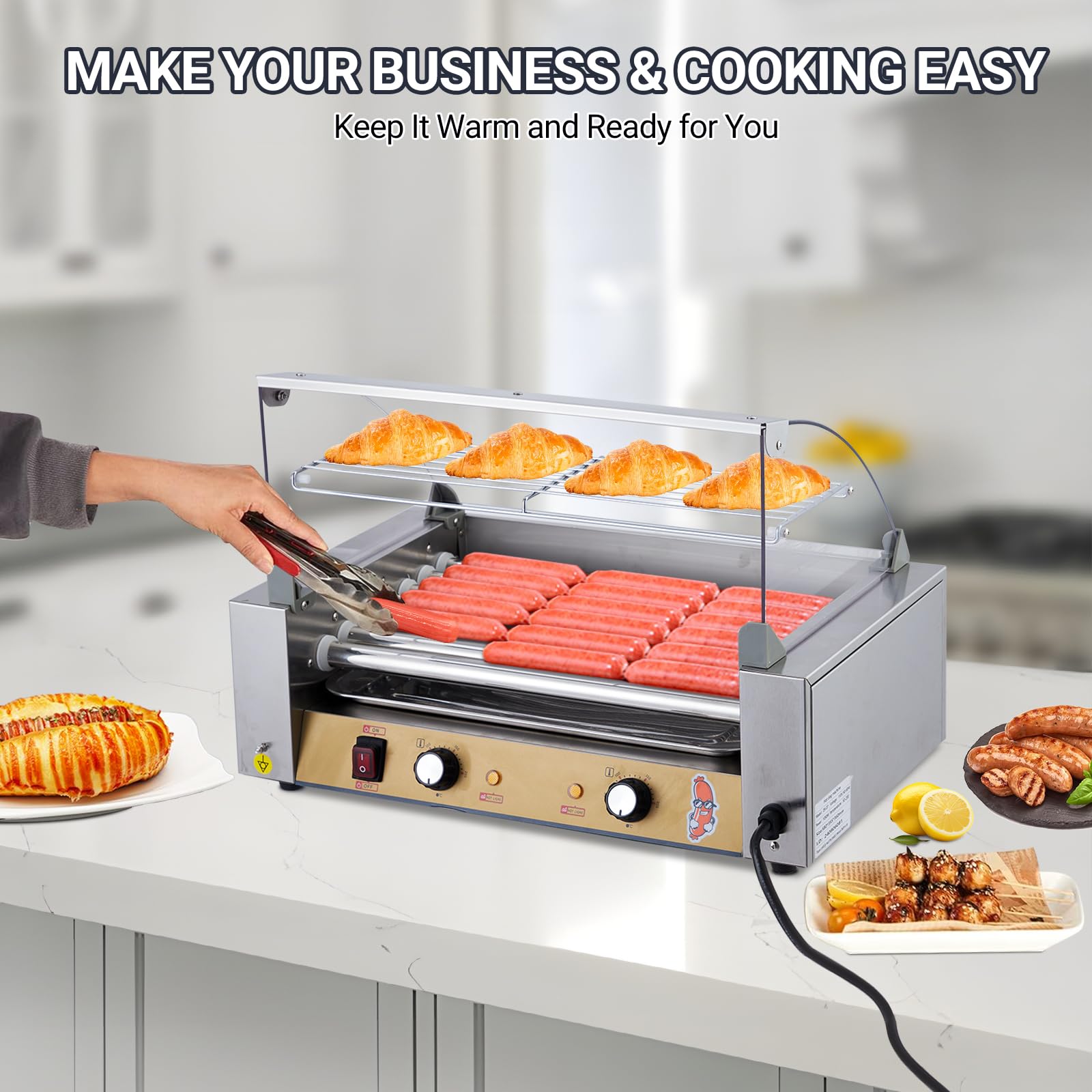 18 Hot Dog Roller with Bun Warmer - 1050W Commercial Grade Hot Dog Machine with 7 Stainless Steel Rollers, Dual Temperature Control, PC Hood Shelf & Removable Oil Drip Tray - Perfect for Restaurants, Food Trucks, Carnivals and Home Use