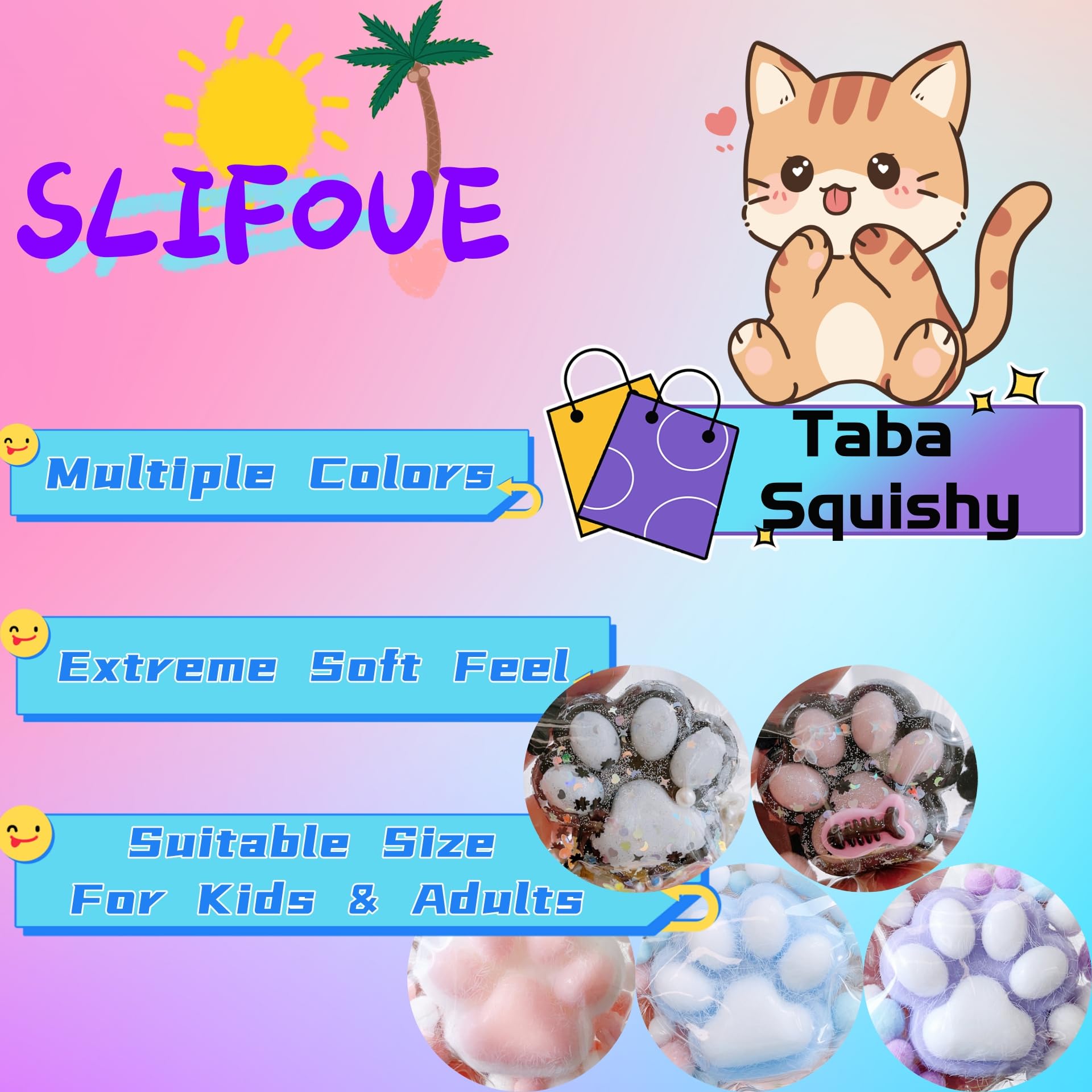 SLIFOUE Squishy Cat Paw Toys - Soft Jelly Kitty Paw Stress Relief Squeeze Toys for Adults & Kids - Cute Cat Paw Fur Ball Squishy for Anxiety Relief & Fun - Perfect for Office, Home, School Stress Relief (White)