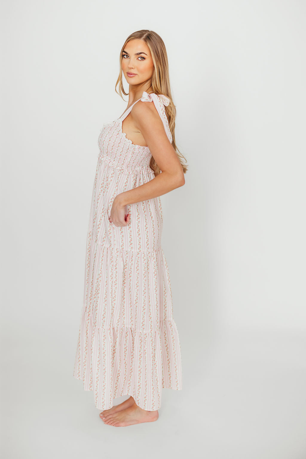 Vivienne Women's Floral Maxi Sundress - Ivory & Pink Summer Beach Dress for Vacation, Pool Party, and Casual Outings