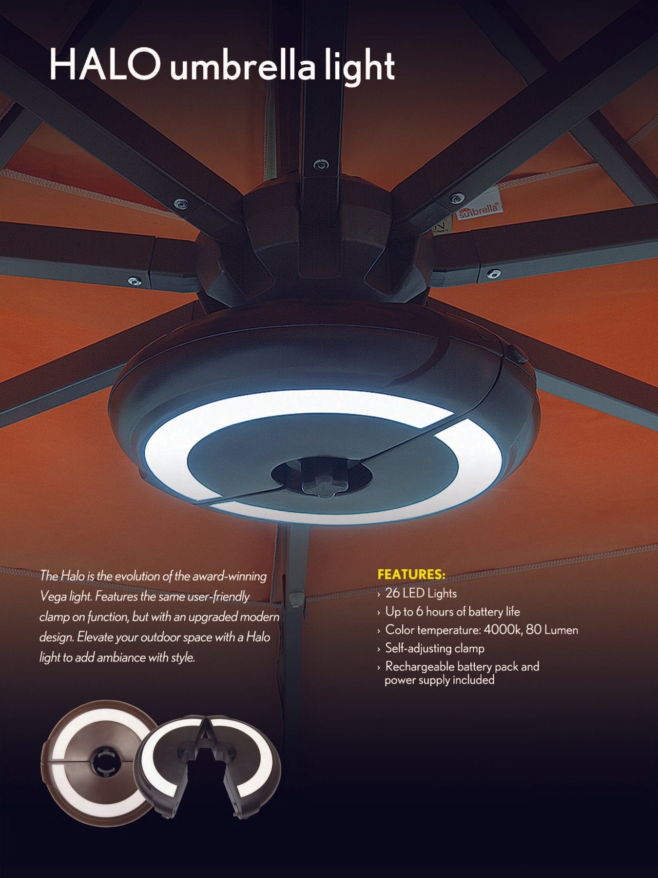 Halo Umbrella Light by Treasure Garden - Waterproof LED Patio Umbrella Light for Outdoor Dining, Garden, and Backyard Decor