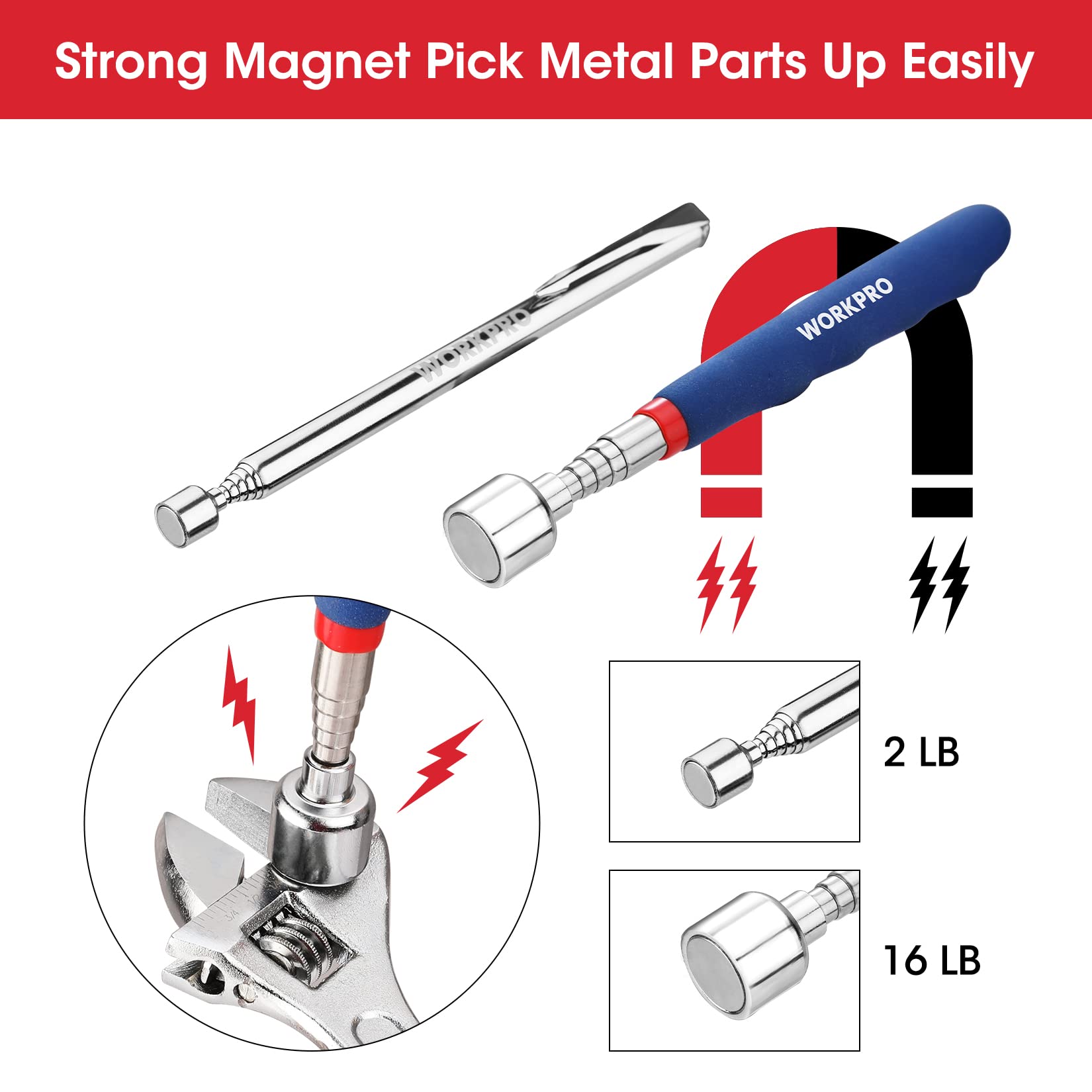WORKPRO 4-Piece Telescoping Magnetic Pick Up Tool Set with Inspection Mirror & 4-Claw Grabber - Auto Repair, DIY, Home Maintenance & Hard-to-Reach Object Retrieval Tools