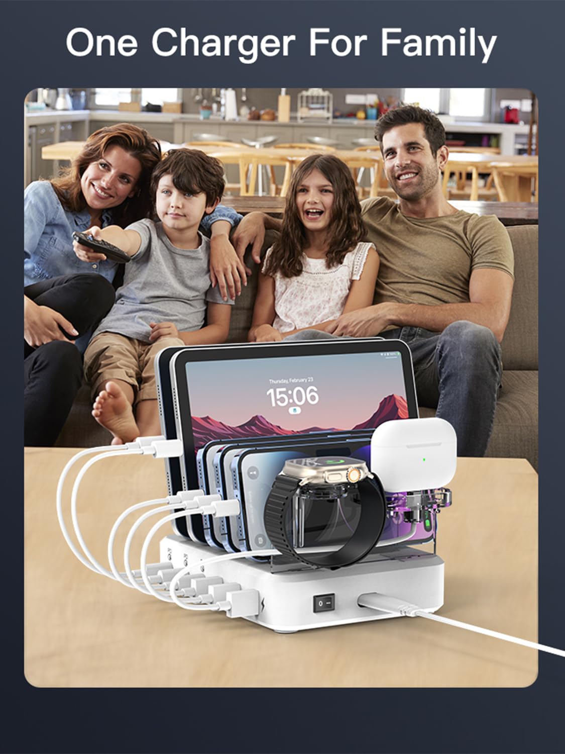 100W 6-Port USB Charging Station with 3 PD Fast Charge - for iPhone iPad Android Devices at Home/Office