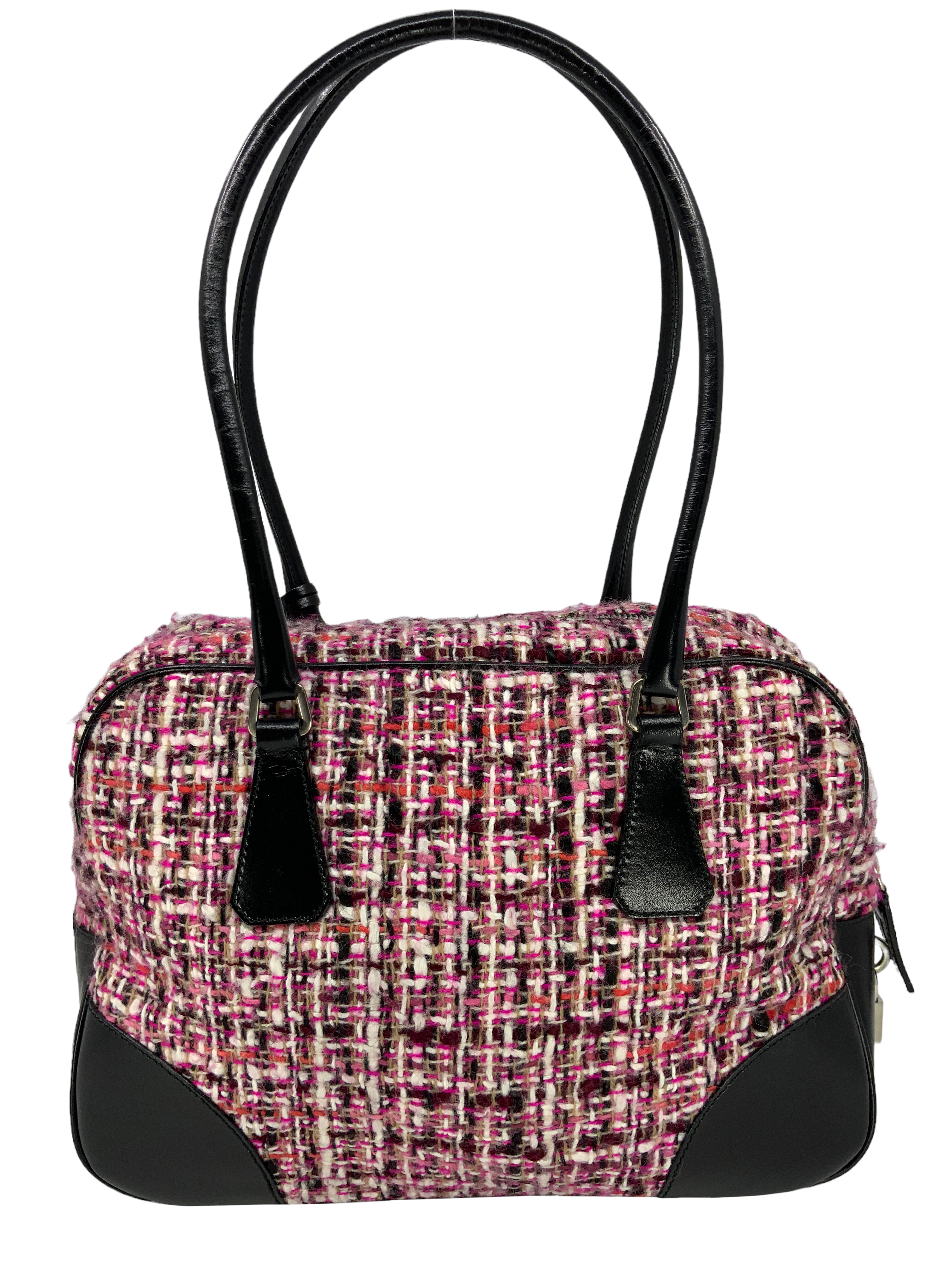 PRADA Tweed Leather Boston Bag for Women - Luxury Designer Handbag for Work, Travel & Everyday Use