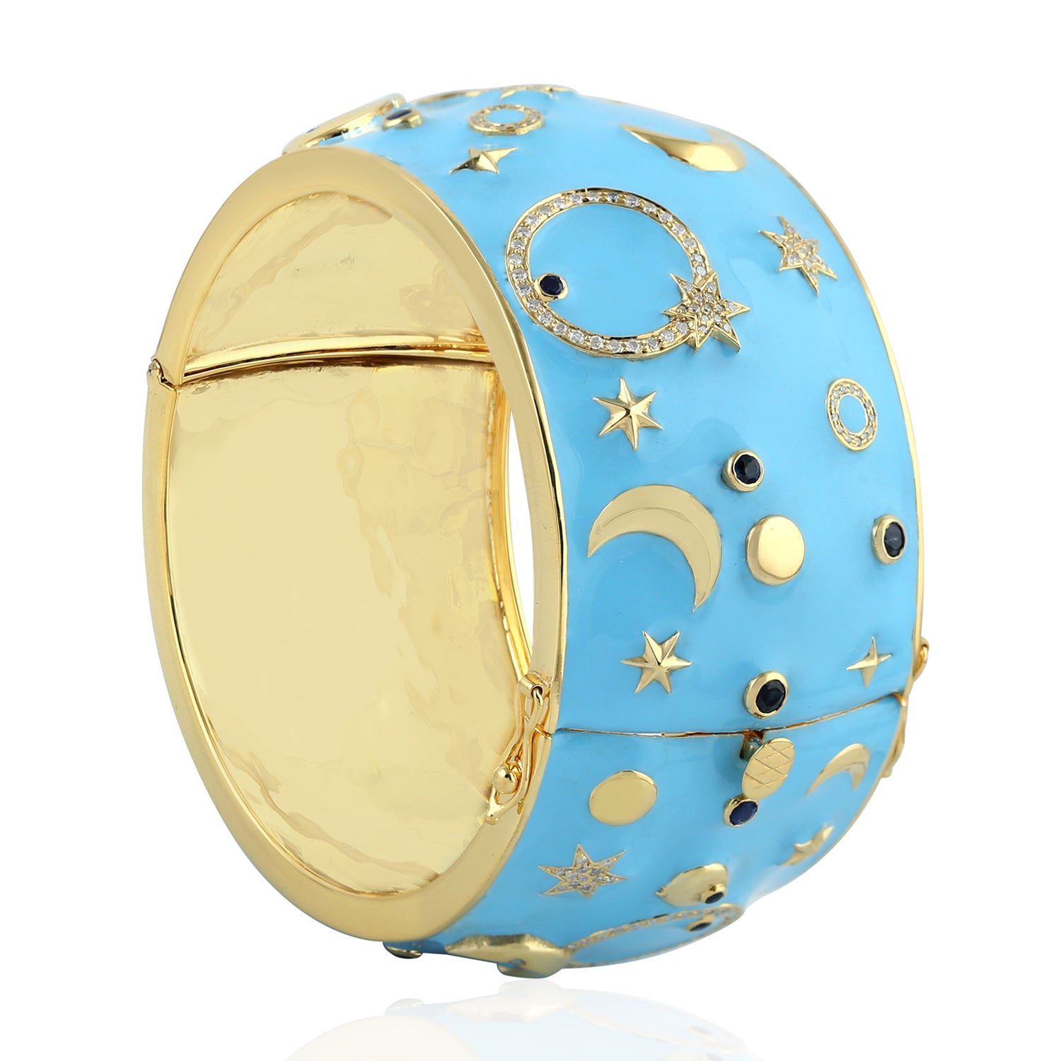 Blue Sapphire Pave Diamond Moon Star Enamel Wide Wedding Bangle in Gold & Silver - Elegant Bridal Jewelry for Weddings, Anniversaries & Special Occasions
