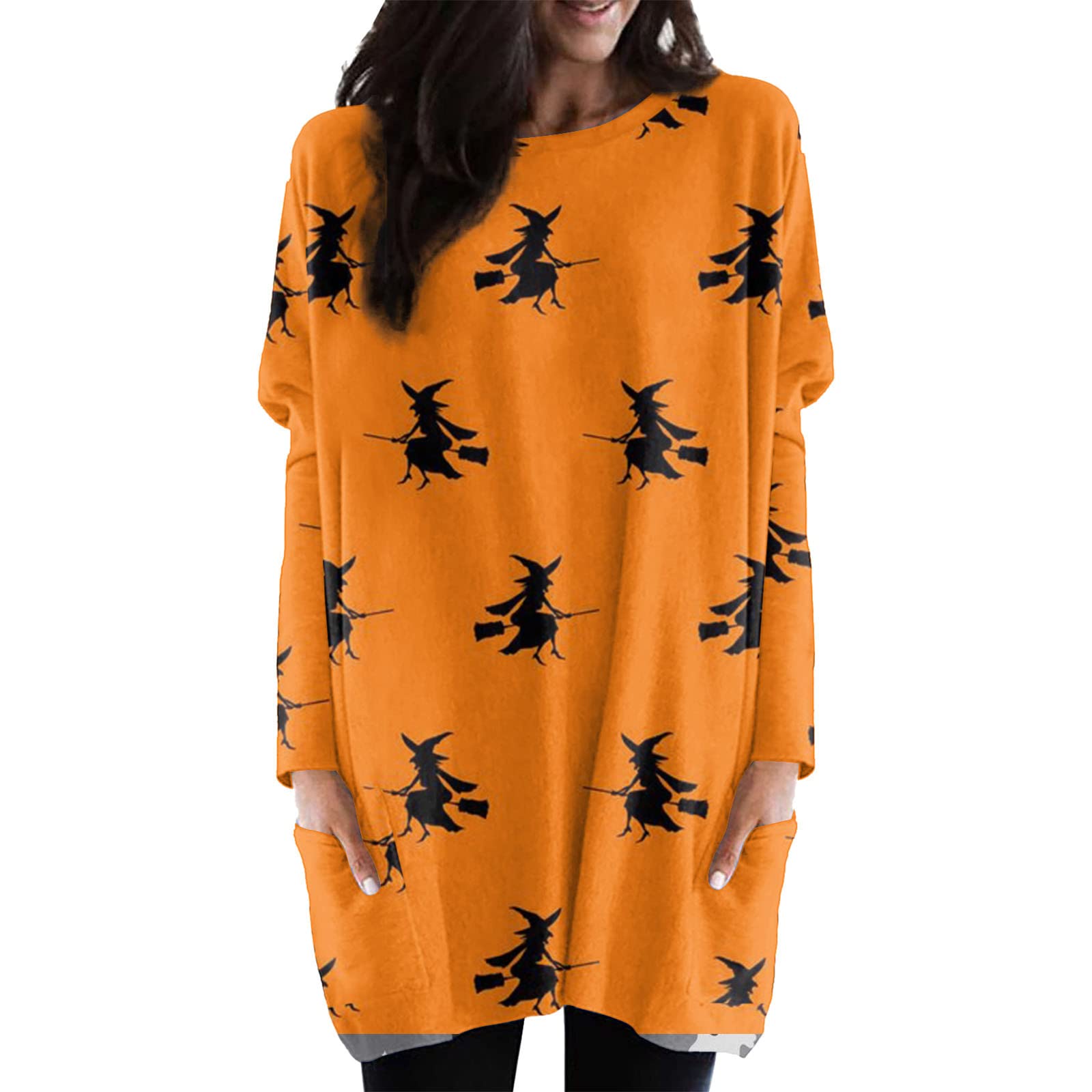 Women's Halloween T-Shirt Dress with Pocket - Casual Color Block Long Sleeve Cotton Tunic - Christmas Sweater Alternative - Perfect for Halloween Parties, Christmas Gatherings & Casual Wear