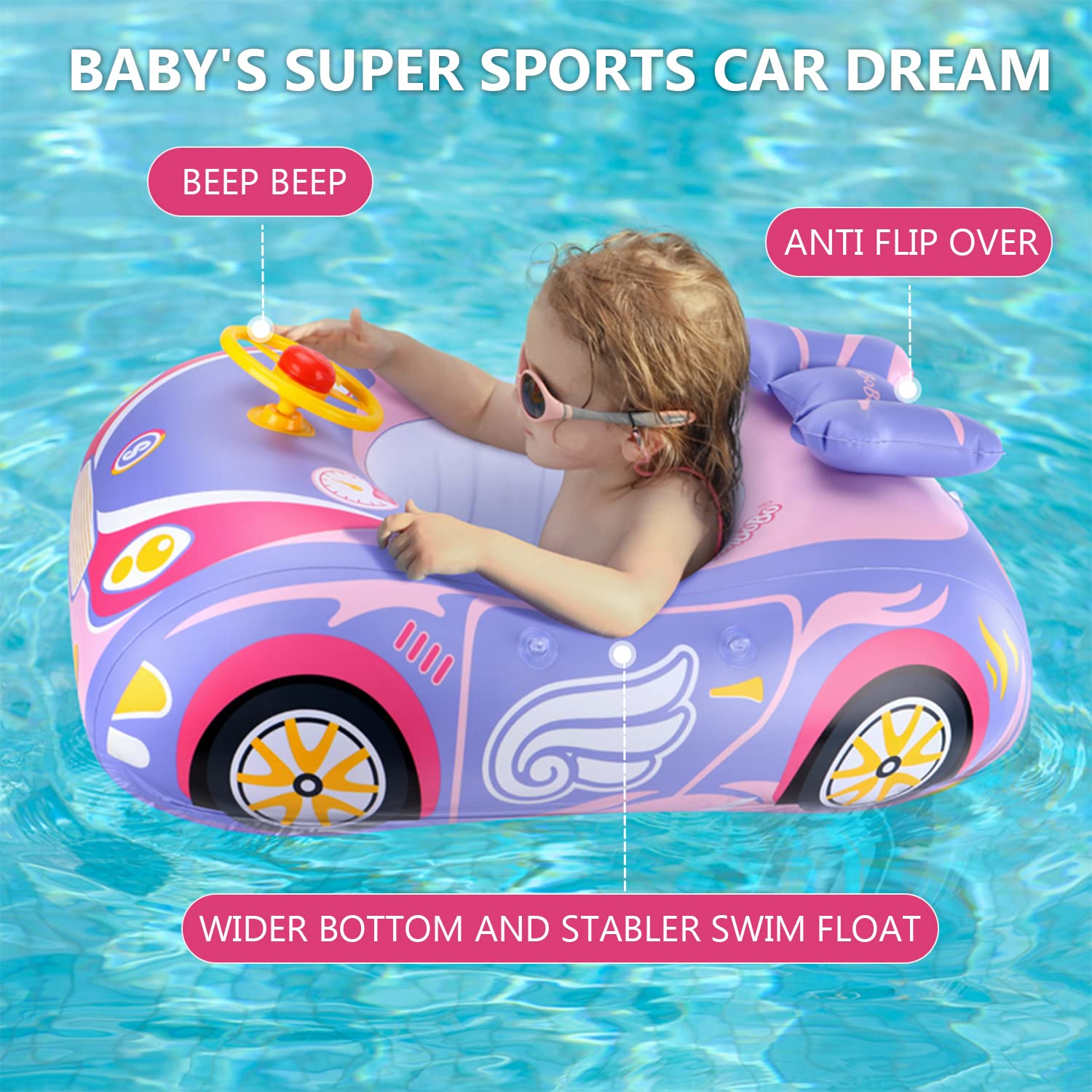 3D Car Design Baby Pool Float - Heavy Duty PVC Toddler Swim Float with Steering Wheel for Ages 1-4 Years | Safe Swimming Floats Seat Boat for Kids 12-24 Months | Perfect for Backyard Pools, Beach Vacations & Summer Water Play (Girl & Boy)
