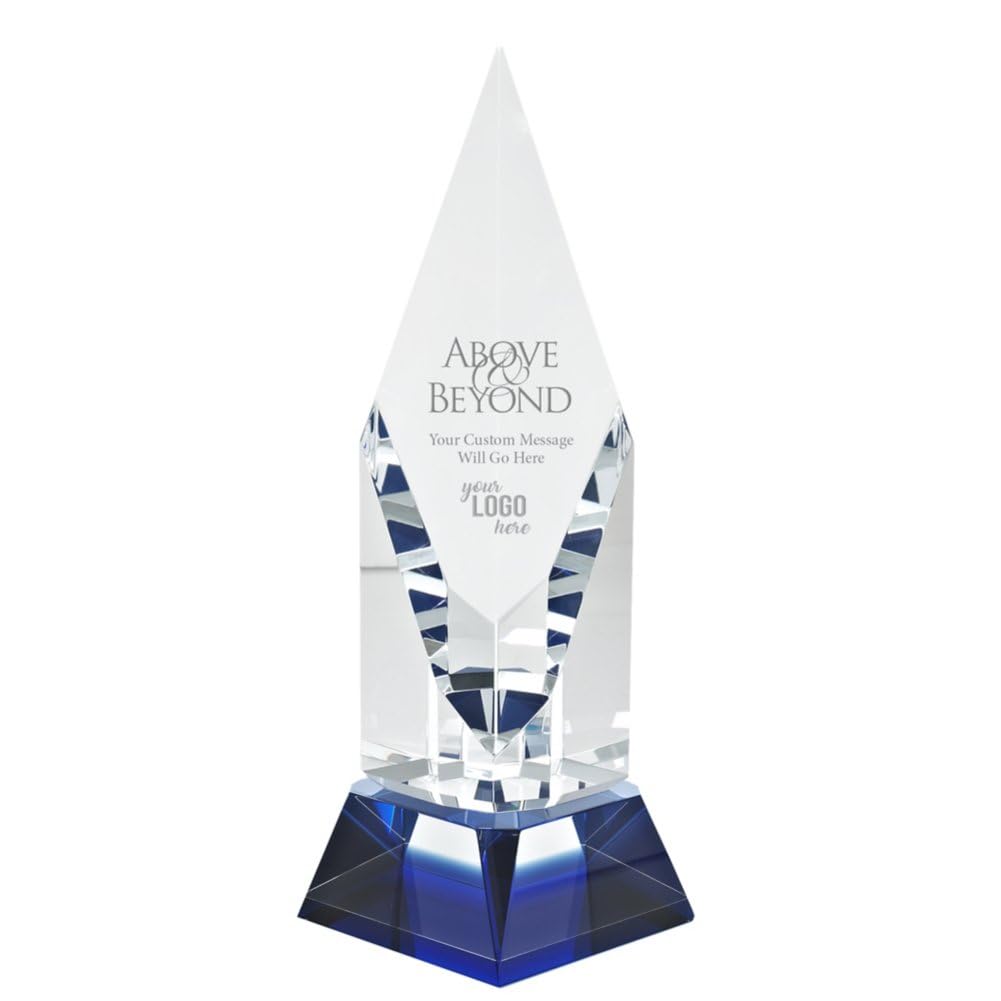 Baudville Custom Engraved Crystal Trophy Award with Blue Highlights - Elegant Black Gift Box Included - Perfect for Employee Recognition, Corporate Awards & Milestone Celebrations