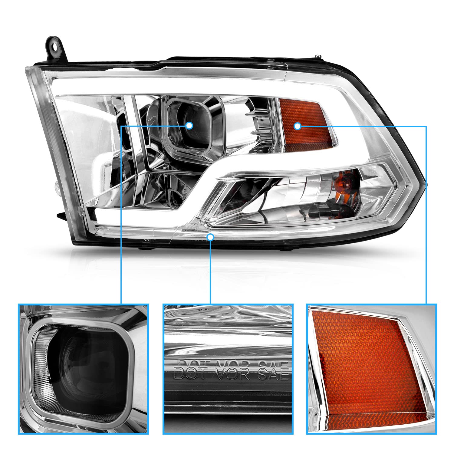 AmeriLite LED Tube Chrome Square Projector Headlights Assembly for 2009-2019 Dodge Ram 1500 2500 3500 - Left & Right Side - Upgrade Your Truck Lighting for Night Driving & Off-Road Adventures