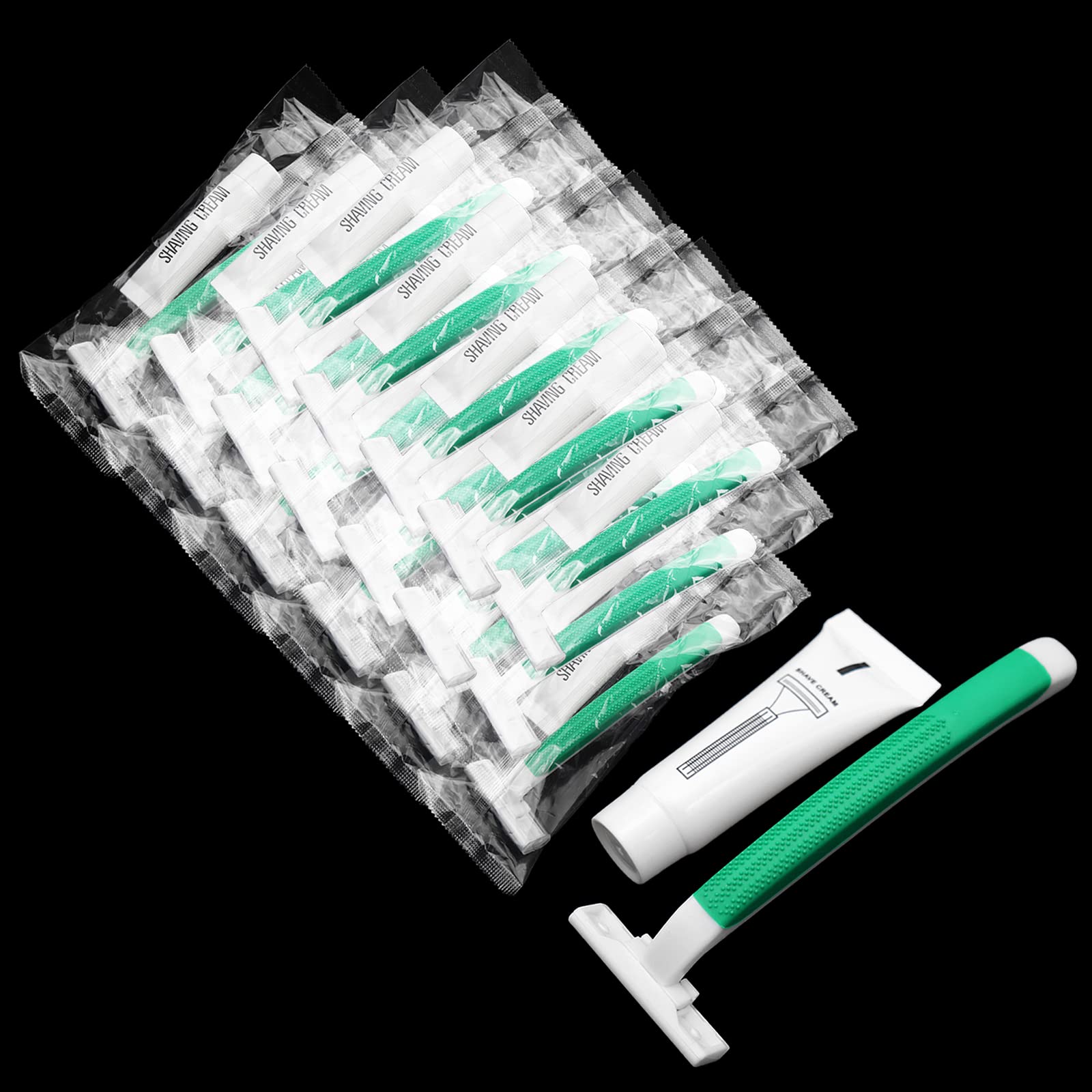 Bulk Disposable Twin Blade Razors - 50 Individually Wrapped Green Razors with Safety Cap & Shaving Cream | Ideal for Hotels, Airbnb, Shelters, Travel & Homeless Care Kits