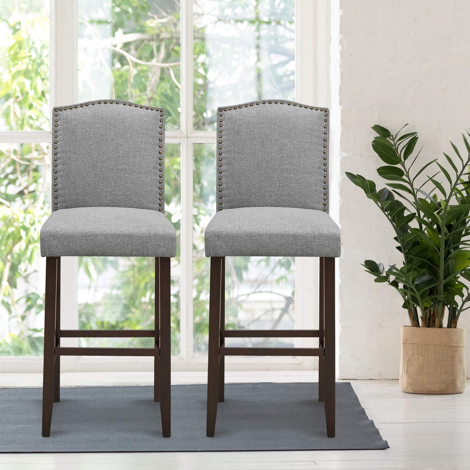 COSTWAY 2-Pack 29 Inch Upholstered Bar Stools with S-Shaped Spring Thick Cushion, Rubber Wood Legs, High Back Counter Stools for Kitchen Island, Breakfast Bar, Dining Room & Living Room (Set of 2, Grey) - Perfect for Entertaining, Casual Dining & Home Decor