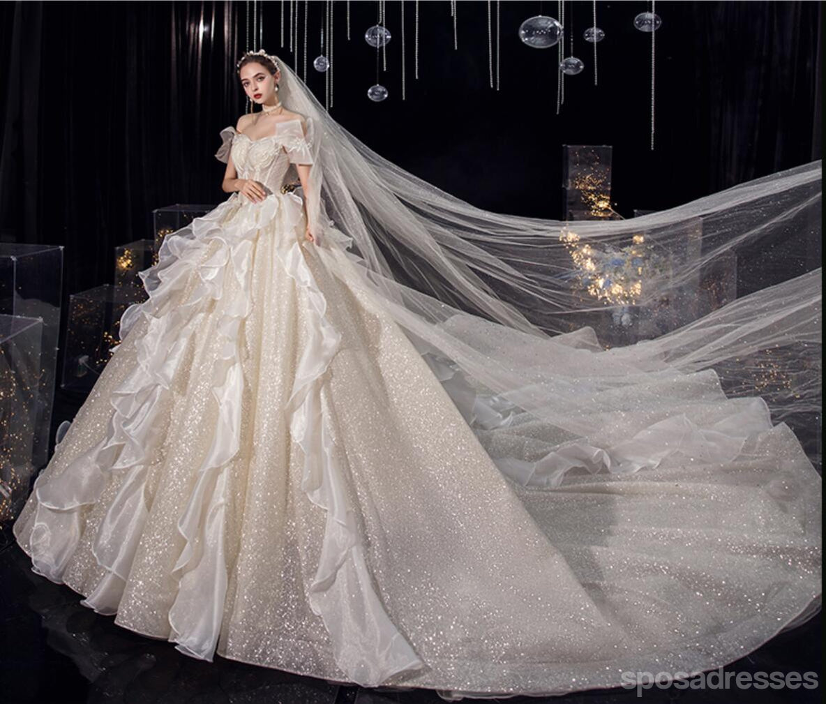 Elegant Off Shoulder Bling A-Line Wedding Dress with Beading - Luxury Bridal Gown WD674 for Church, Beach & Destination Weddings