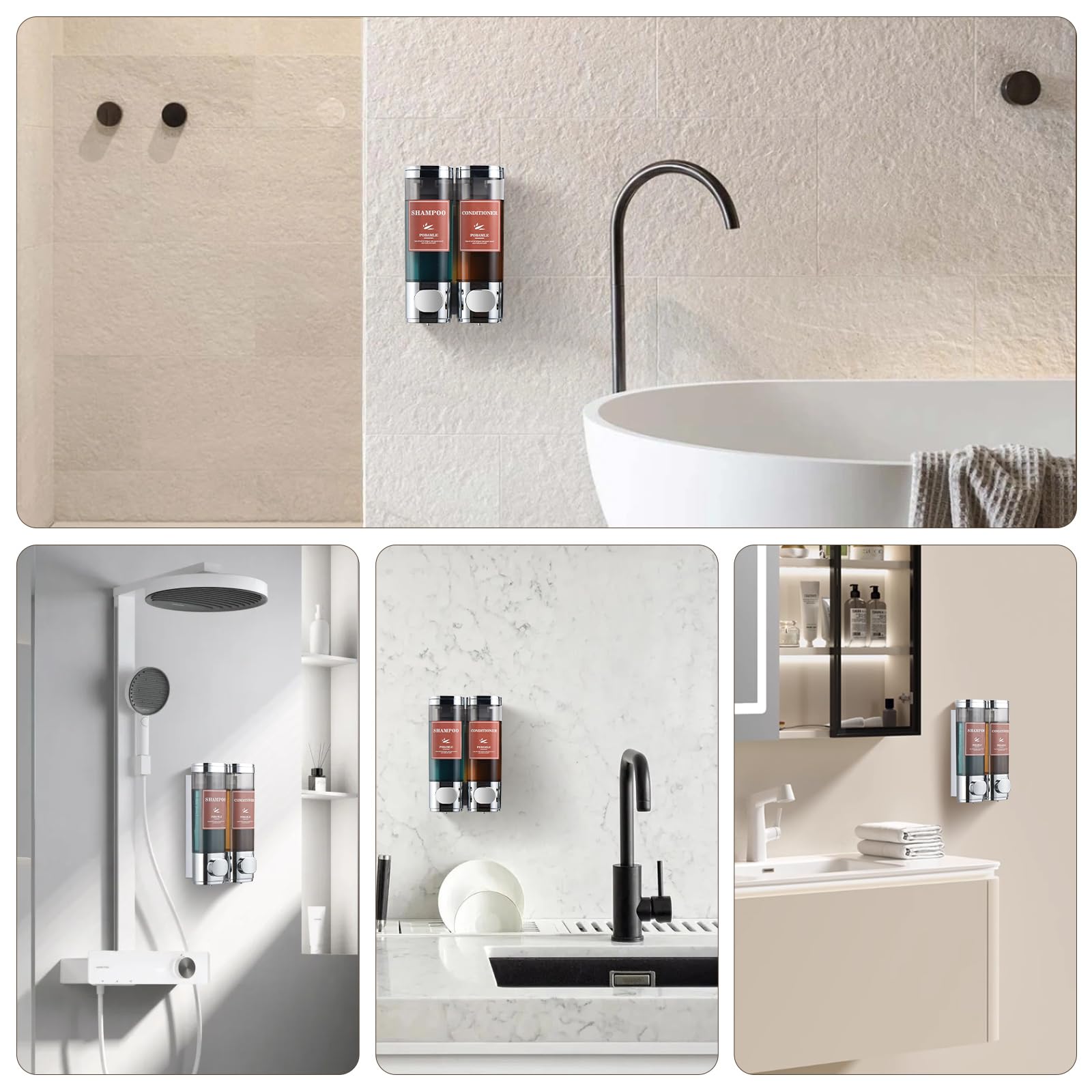 Wall Mounted No Drill Shampoo and Conditioner Dispenser - 2 Chamber Chrome Shower Soap Dispenser for Body Wash & Shower Gel | Perfect for Bathroom Organization & Space Saving Shower Storage