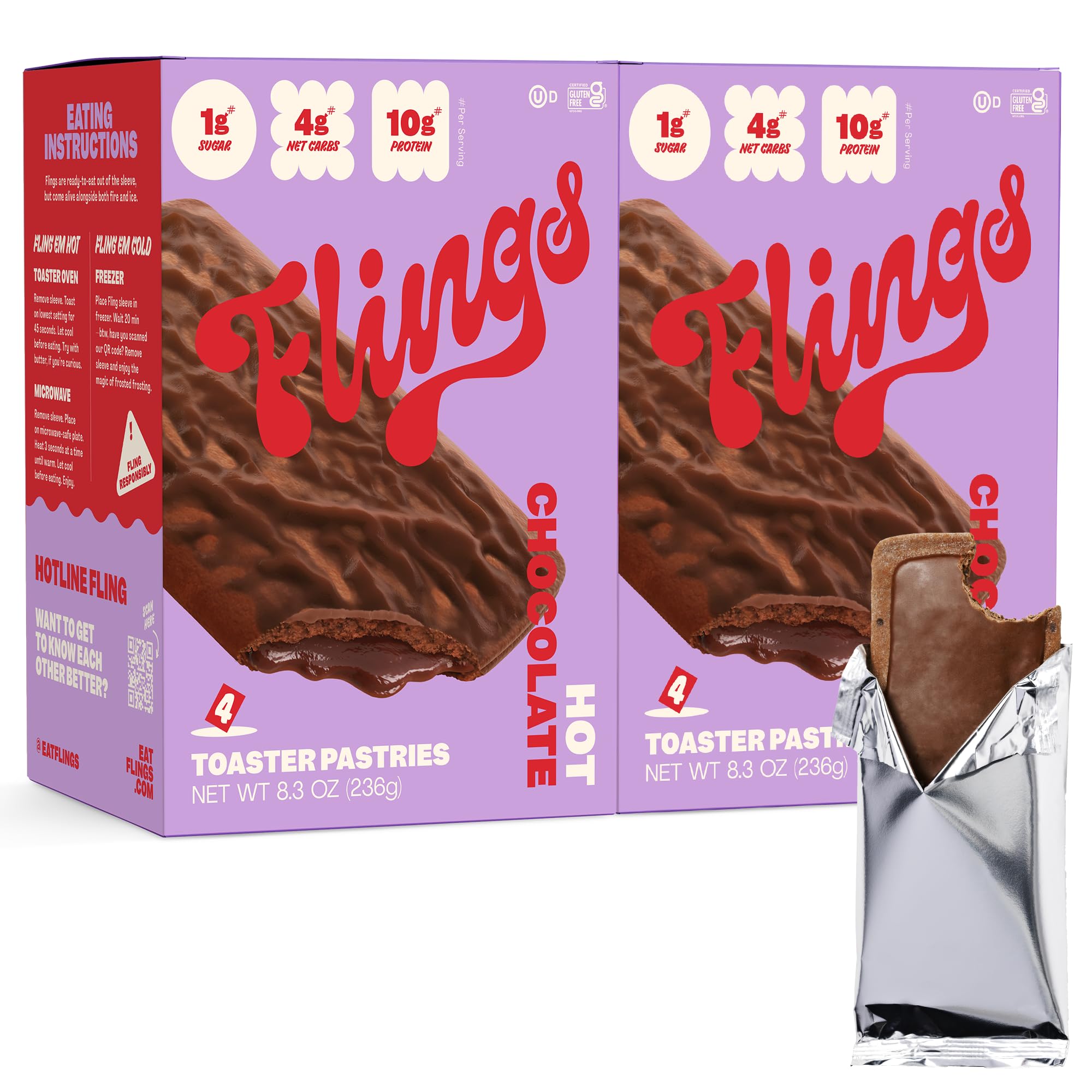 FLINGS Keto Toaster Pastries - Chocolate (2 Pack, 8 Pastries) | High Protein, No Sugar Added, Low Carb, Gluten Free | Perfect for Breakfast, Snacks & On-the-Go | New Improved Recipe