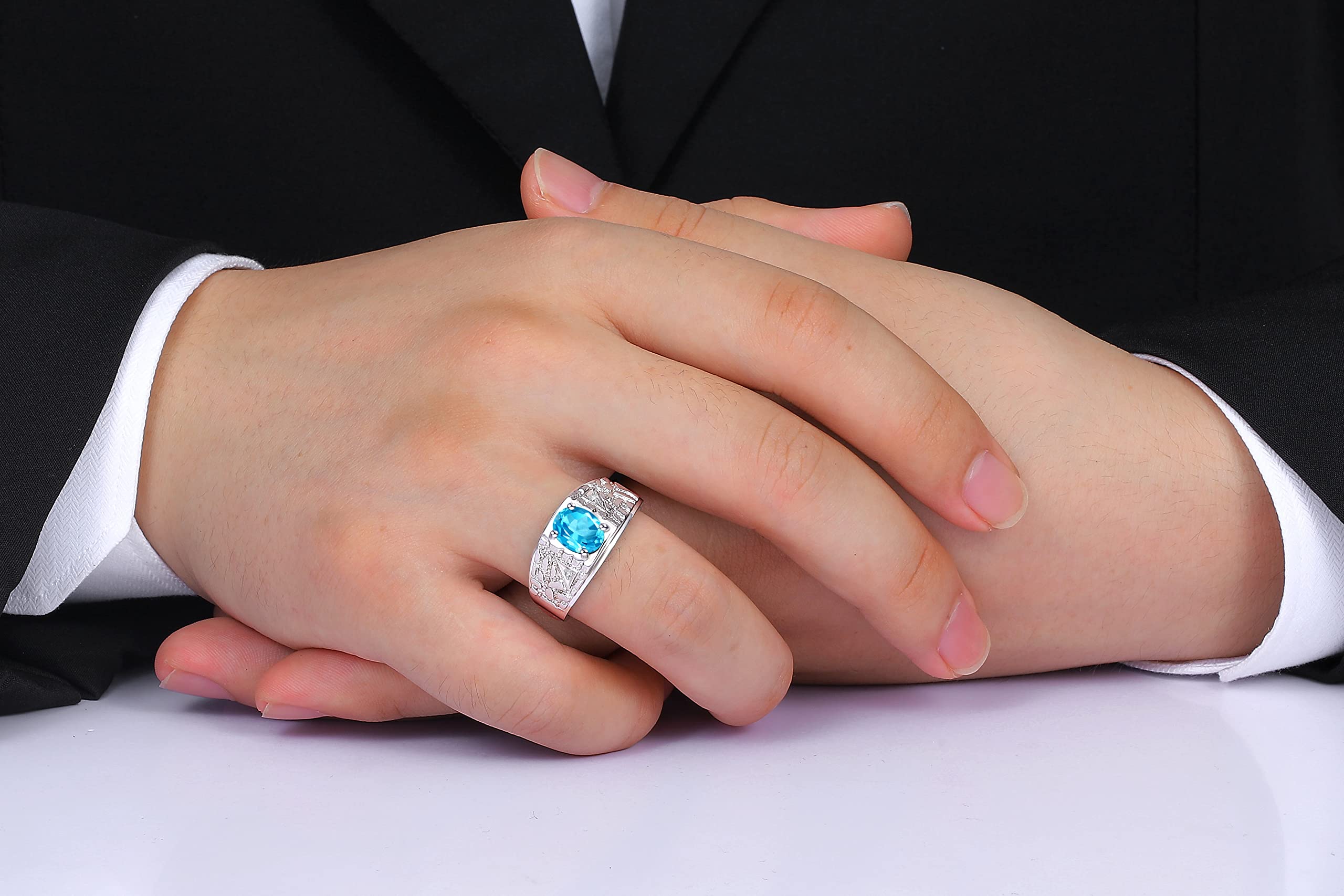 Stylish Men's Designer Nugget Ring with Oval 9X7MM Gemstone & Sparkling Diamonds - Sterling Silver Birthstone Jewelry for Men (Sizes 8-13) | Perfect Gift for Anniversary, Birthday & Special Occasions