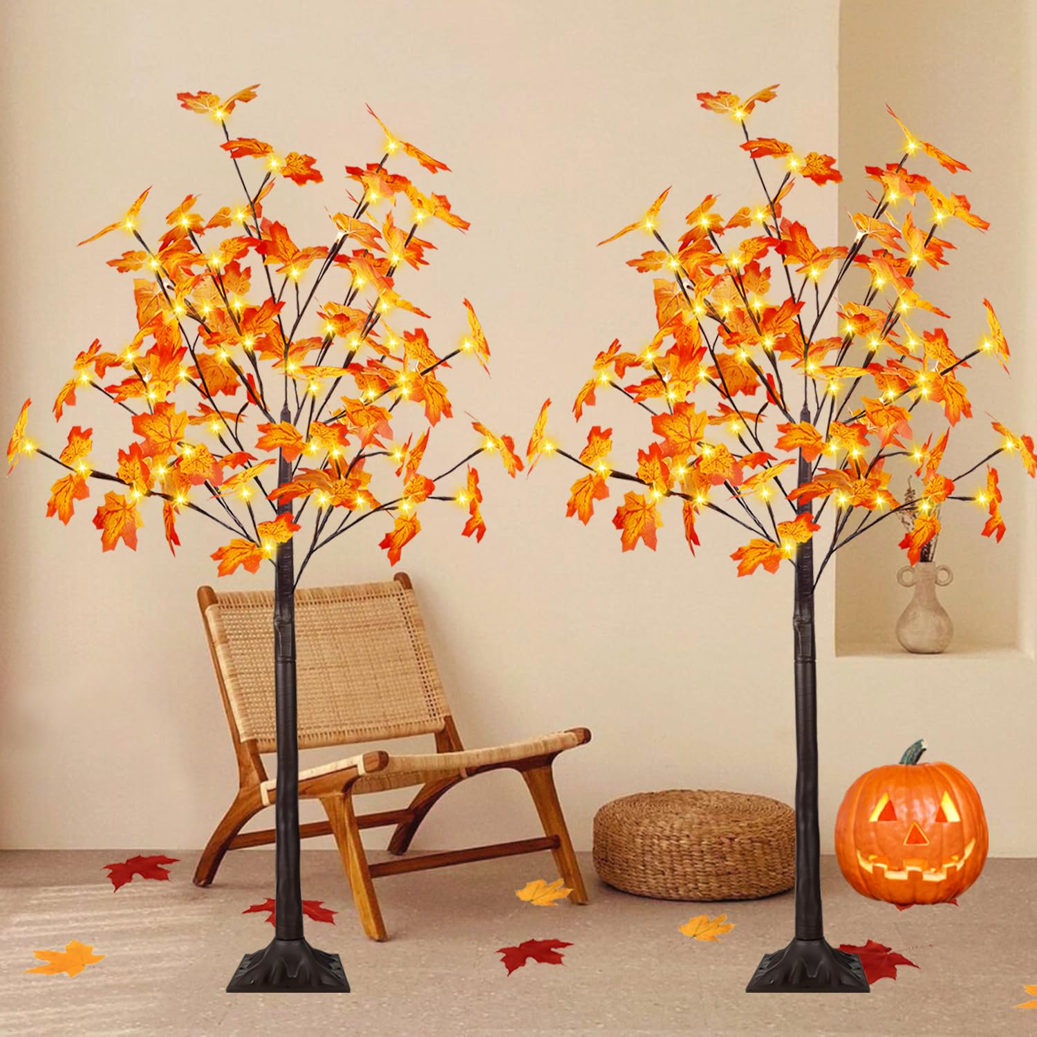 2 Pack 4FT Artificial LED Maple Tree with Timer - 96 Warm White Lights, Fall Decor for Indoor/Outdoor, Thanksgiving & Home Decoration - Perfect for Porch, Patio, Living Room and Holiday Party Decor