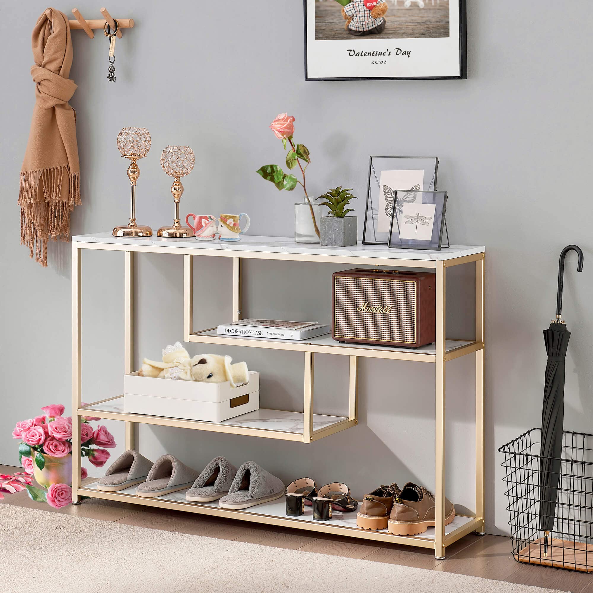 Ivinta 3-Tier Console Table with Storage - White & Gold Entryway Table with Shelves, Narrow Sofa Table for Living Room, Hallway, Bedroom - Faux Marble Veneer Accent Table - Perfect for Small Spaces, Entryway Decor & Living Room Organization