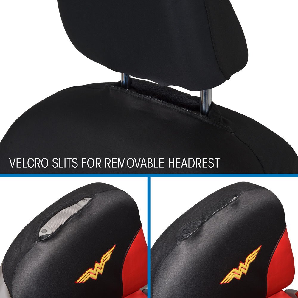 BDK Warner Bros DC Comics Wonder Woman Car Seat Covers - Universal Fit Front Seat Covers with Removable Headrest Cover & Matching Seat Belt Pads, Side Airbag Compatible (Red & Black) - Perfect for Superhero Fans, Comic Conventions & Themed Car Decor