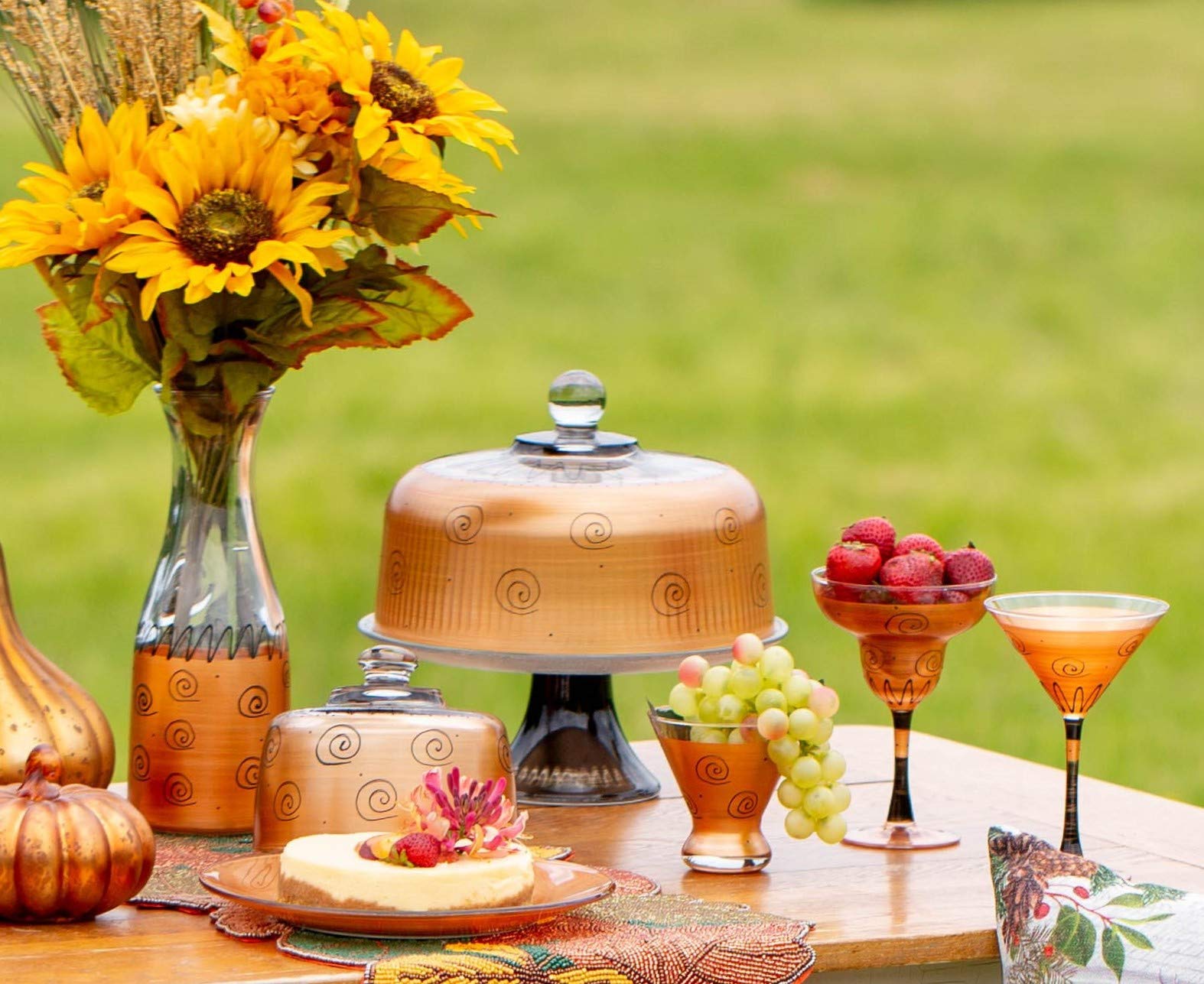 Hand Painted Glass Cake Stand with Cover - Tuscan Sunset Collection - Vibrant Gold Decorative Cake Dome - Unique Kitchen Table Decor for Weddings, Parties & Home Baking Display