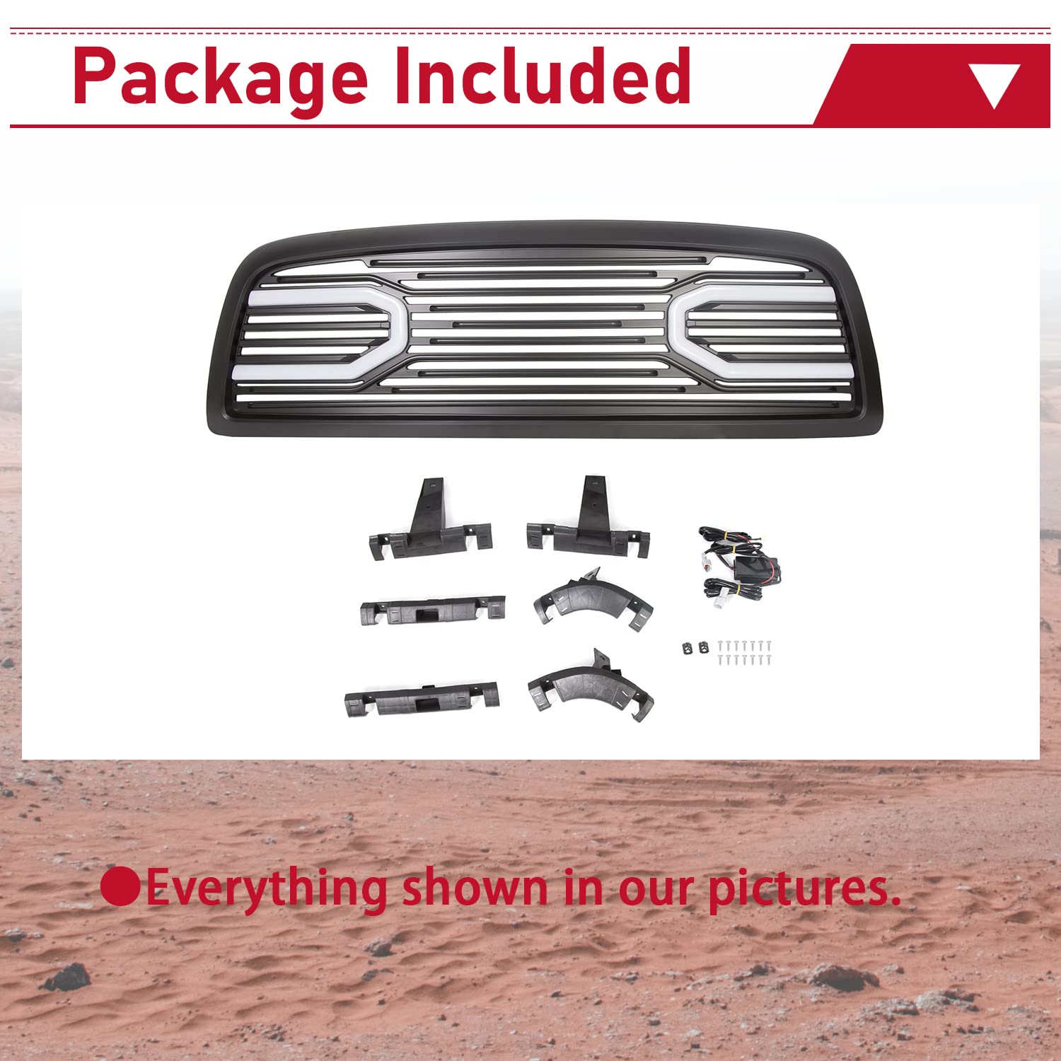 HECASA Gloss Black Front Hood Bumper Grille Replacement Shell with Lights - Compatible with 2009-2012 Dodge Ram 1500 | Perfect for Off-Roading & Truck Customization