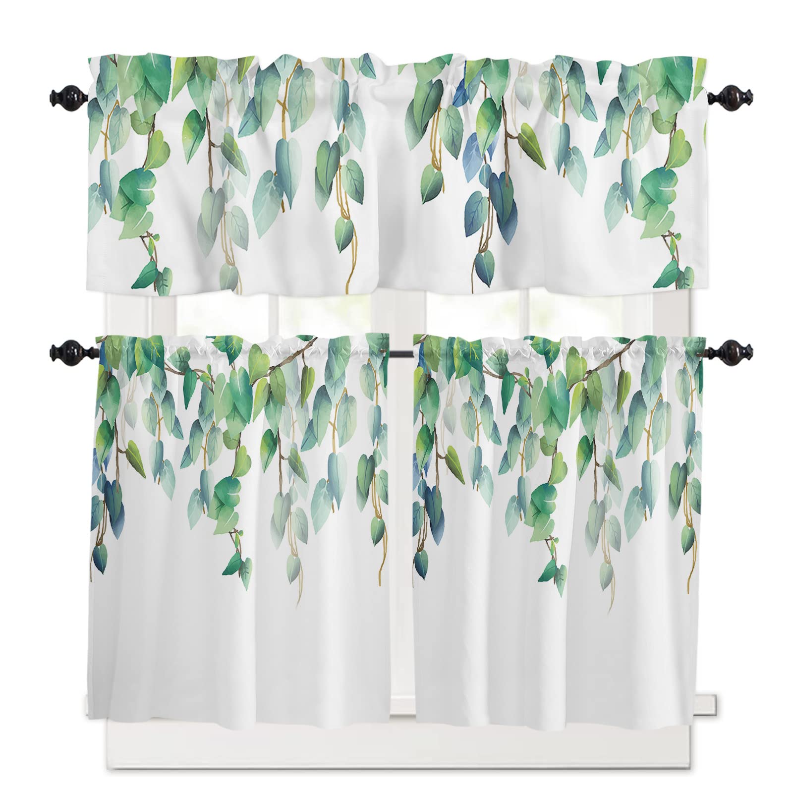Country Style Kitchen Cafe Curtain Set - 3 Piece Spring Green Leaf Design with Rod Pocket, Short Window Valances & Panels for Privacy - Perfect for Bedroom, Living Room & Kitchen Windows - Watercolor Botanical Print on White Fabric