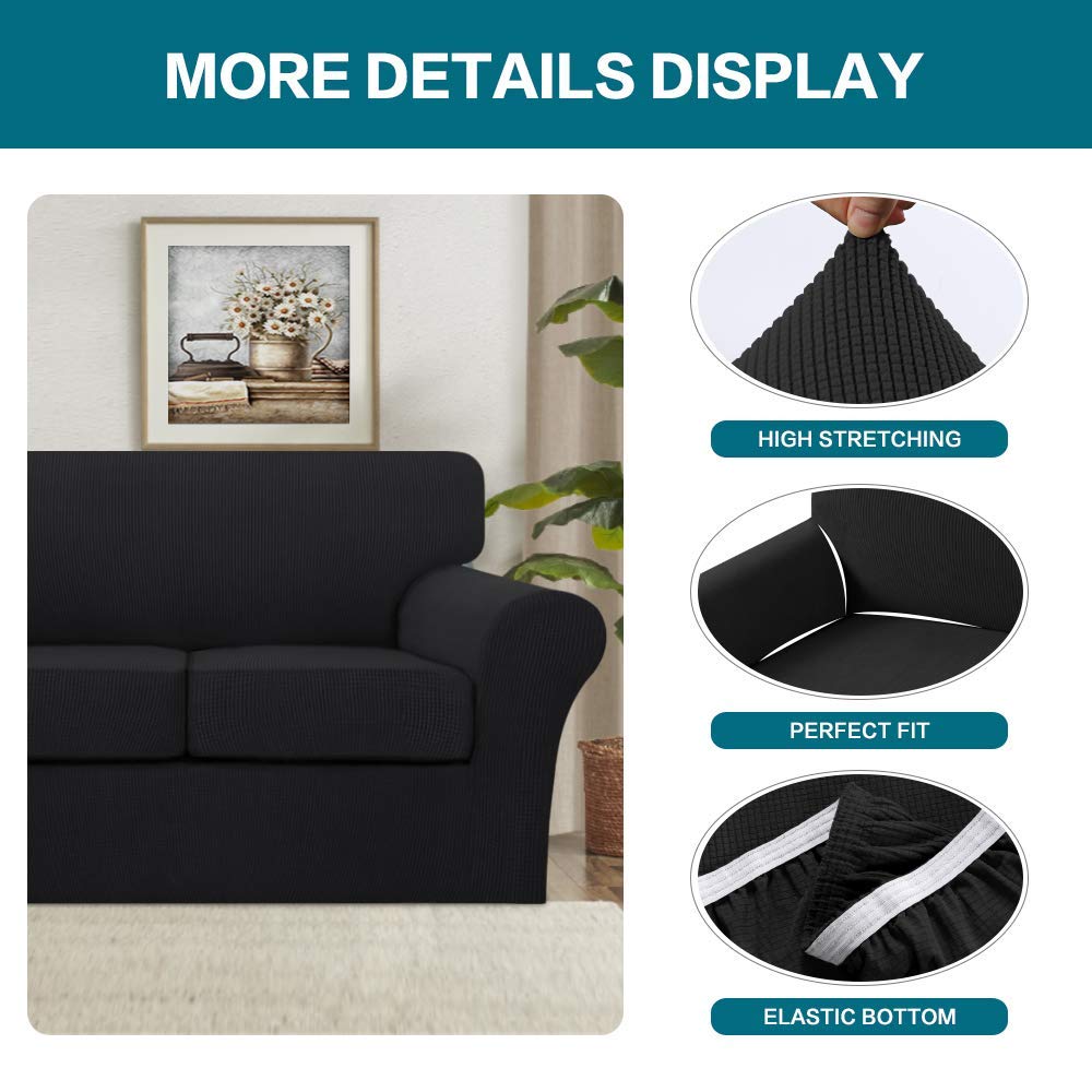 Turquoise Black Sofa Cover Set - 3 Seat Couch Cover & 2 Seat Loveseat Cover - Stretchable Furniture Protector for Living Room, Bedroom, and Office Use