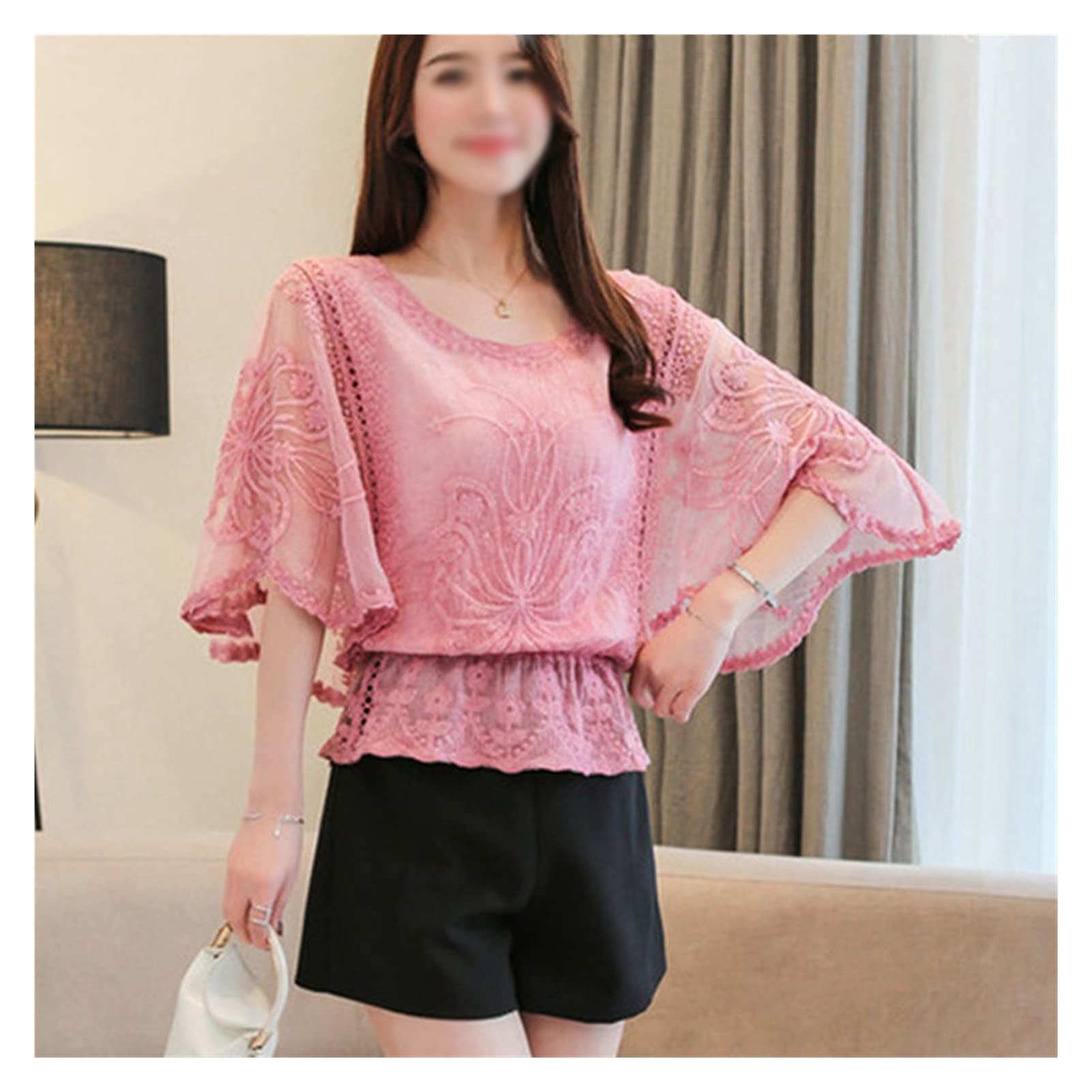 Women's Summer Lace Hollow Out Blouse - Sweet Pink Solid Top for Ladies (Size M) | Perfect for Casual Outings, Date Nights & Office Wear