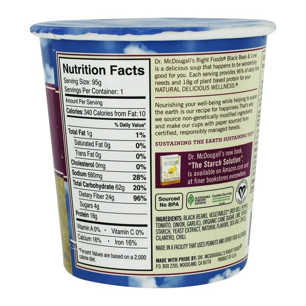 Dr. McDougalls Right Foods Black Bean & Lime Soup Cup - 3.4oz (6 Pack) | Vegan Instant Meal | Quick Lunch, Camping & Emergency Food Supply