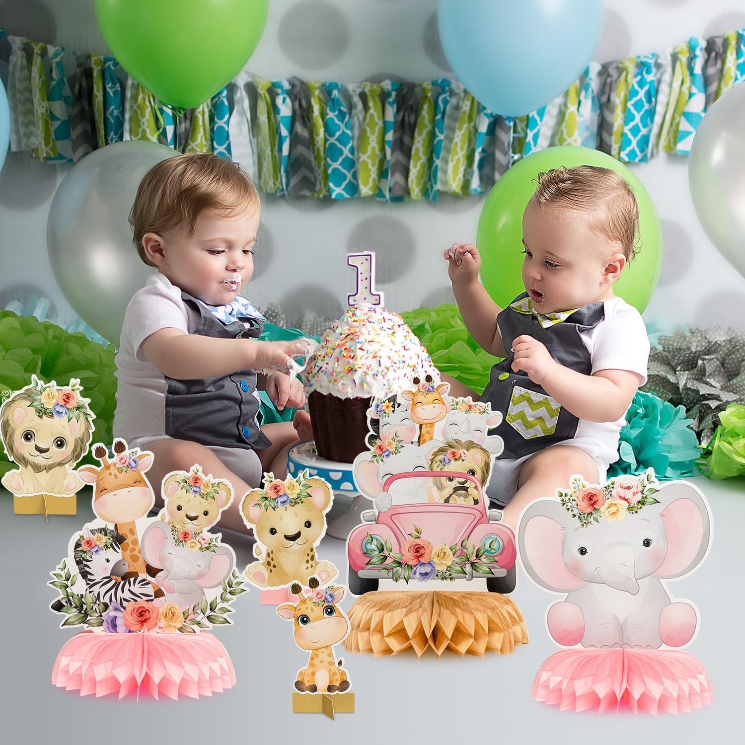 12Pcs Floral Safari Animal Honeycomb Centerpieces - Pink Jungle Baby Shower Decorations, Wild Animal Theme Party Table Toppers for Girls' Wild One Birthday - Perfect for Baby Showers, Birthday Parties & Photo Props