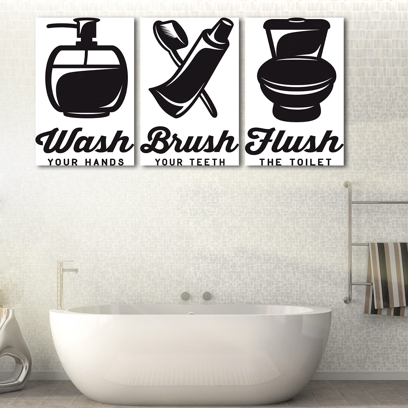 3-Piece Black and White Bathroom Wall Art Set - Motivational Slogan Canvas Paintings, Farmhouse Style Framed Posters for Bathroom, Bedroom & Living Room Decor (16”x24”x3Pcs) - Perfect for Home, Office, and Gift Giving