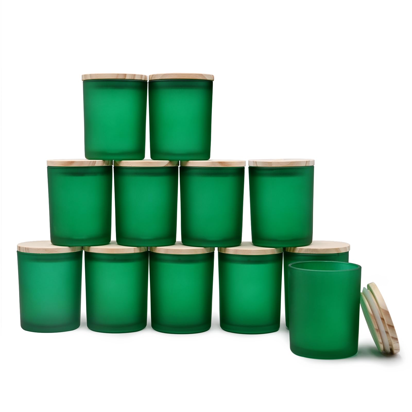 12 Pack 7oz Thick Frosted Green Candle Jars with Wooden Lids - Premium Empty Containers for DIY Candle Making, Wax Melts, Bath Salts Storage & Home Decor Gifts