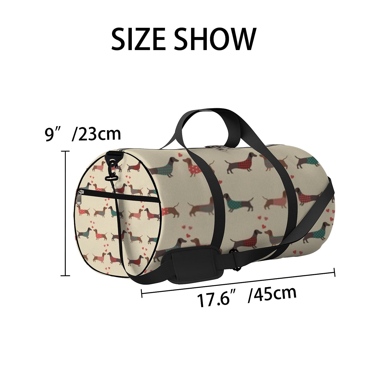 Waterproof Dachshund Print Sports Tote Bag with Red Hearts - Gym Shoulder Bag with Zipper & 2 Side Pockets for Men & Women | Perfect for Workouts, Travel & Storage | Cute Animal Design for Dog Lovers