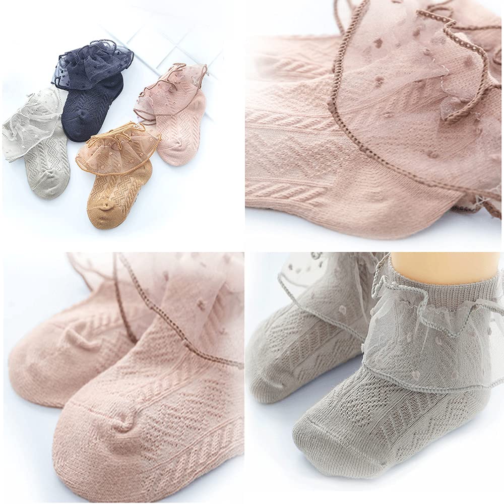 4/5/6 Pack Baby Girls Ruffle Socks - Lace Flower Ankle Socks for Toddlers & Infants - Soft Frilly Socks for Everyday Wear, Special Occasions & Photo Shoots