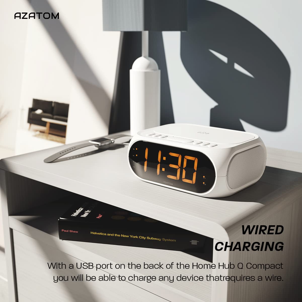 AZATOM Homehub Compact Bluetooth Alarm Clock Radio with QI Wireless Fast Charging for iPhone & Android - White | Bedside, Office, Travel Use