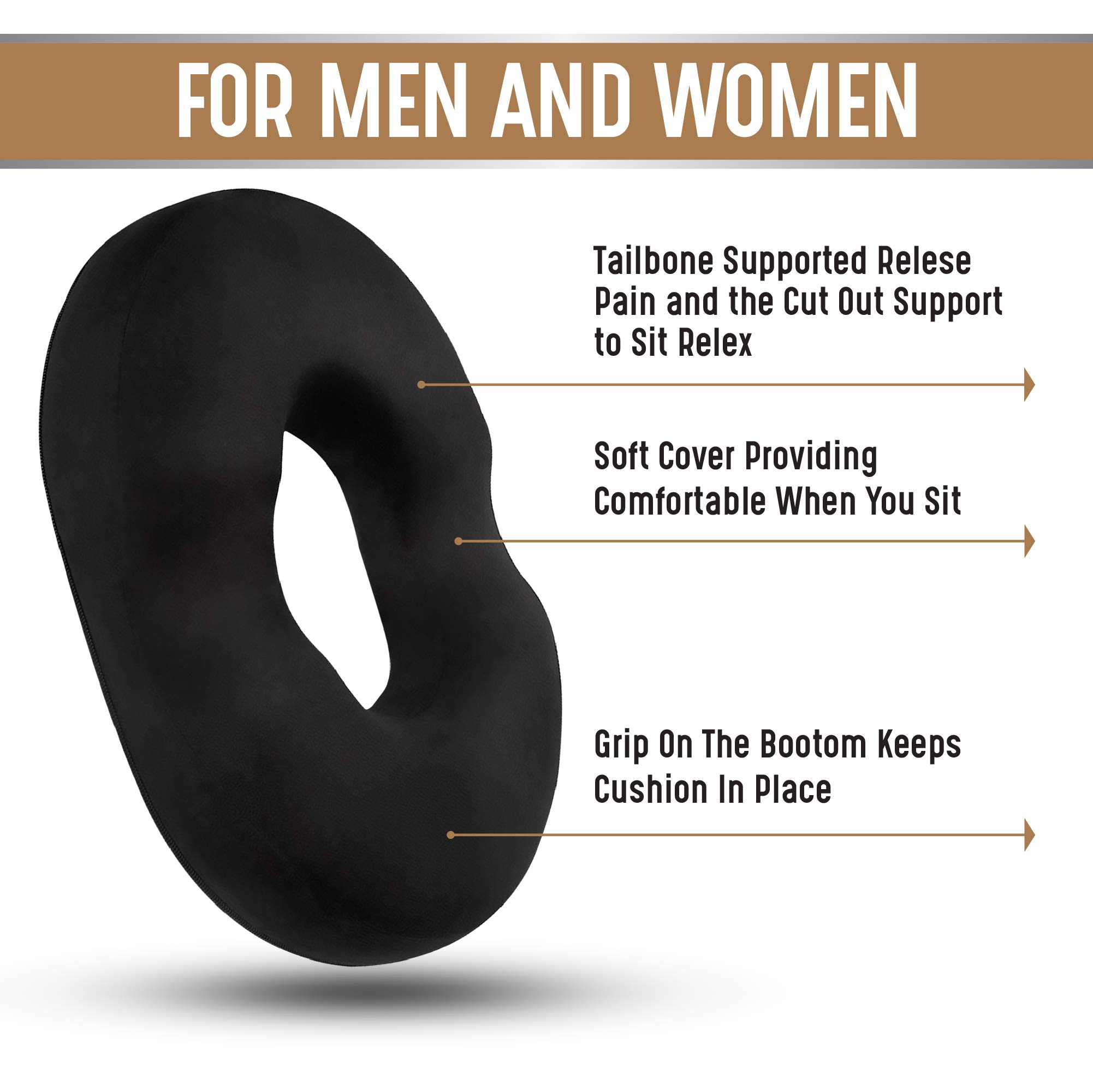 Orthopedic Donut Pillow Seat Cushion for Tailbone & Coccyx Pain Relief - Memory Foam Hemorrhoid & Sciatica Support - Ideal for Pregnancy, Postpartum, Surgery Recovery - Black (Perfect for Office Chairs, Car Seats & Wheelchairs)