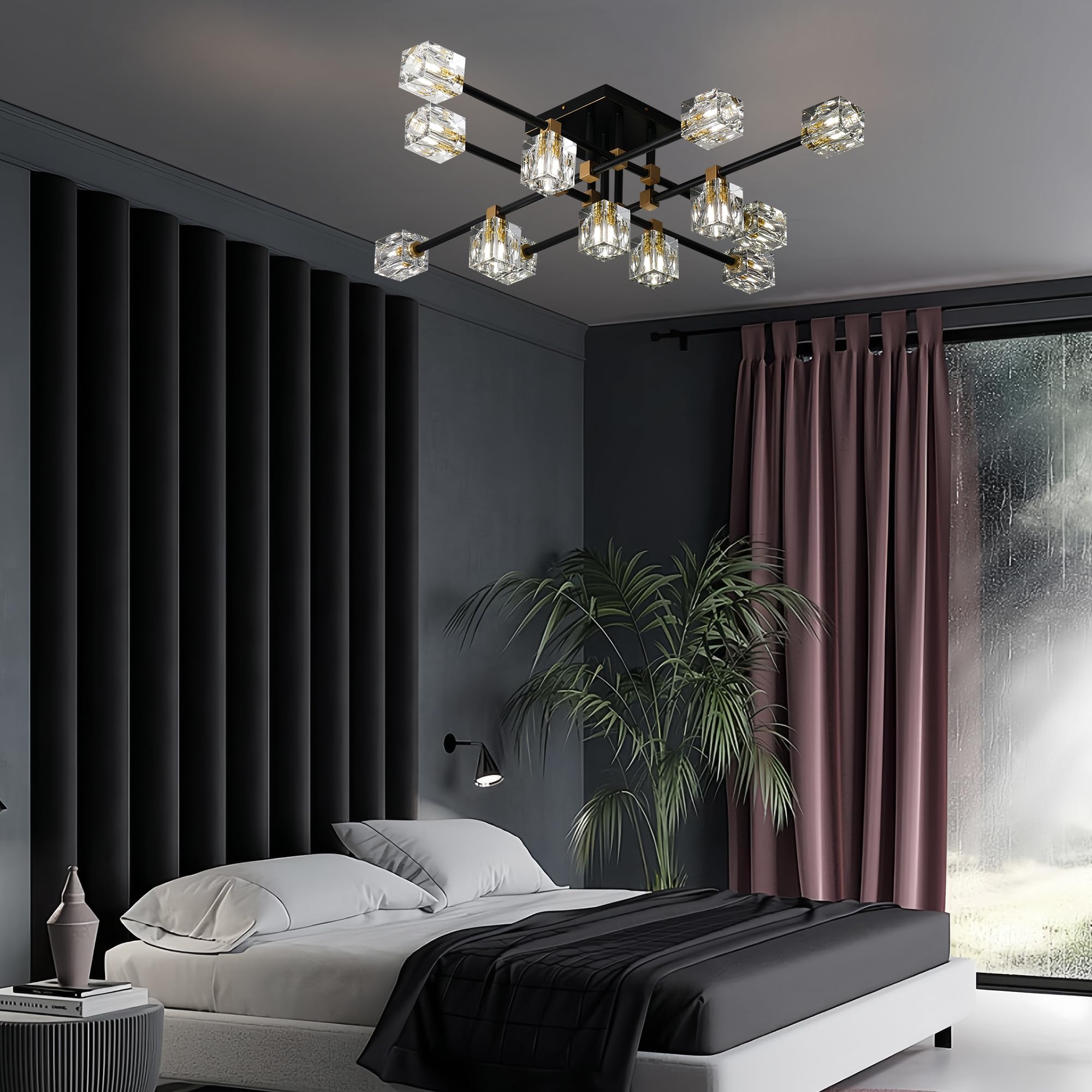 13-Light Modern Crystal Sputnik Chandelier - Black & Gold Ceiling Light Fixture for Dining Room, Entryway, Bedroom - Elegant Lighting for Home Decor, Wedding Venues, and Luxury Spaces