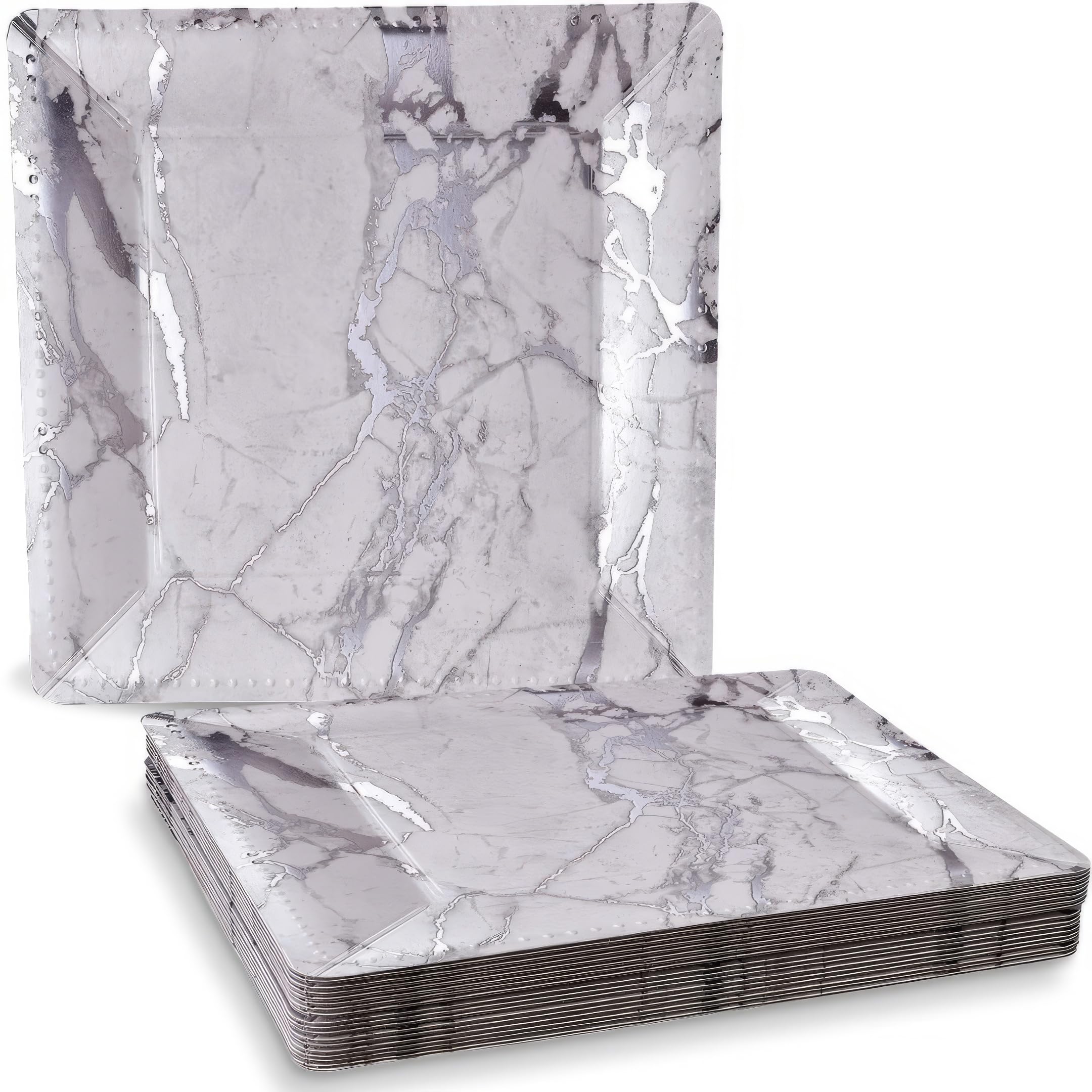 Elegant 13” Square Marble Design Disposable Charger Plates (10-Pack) - Heavy Duty Silver Party Dinnerware Set for Weddings, Banquets & Formal Events | Disposable Charger Dishes for China Look