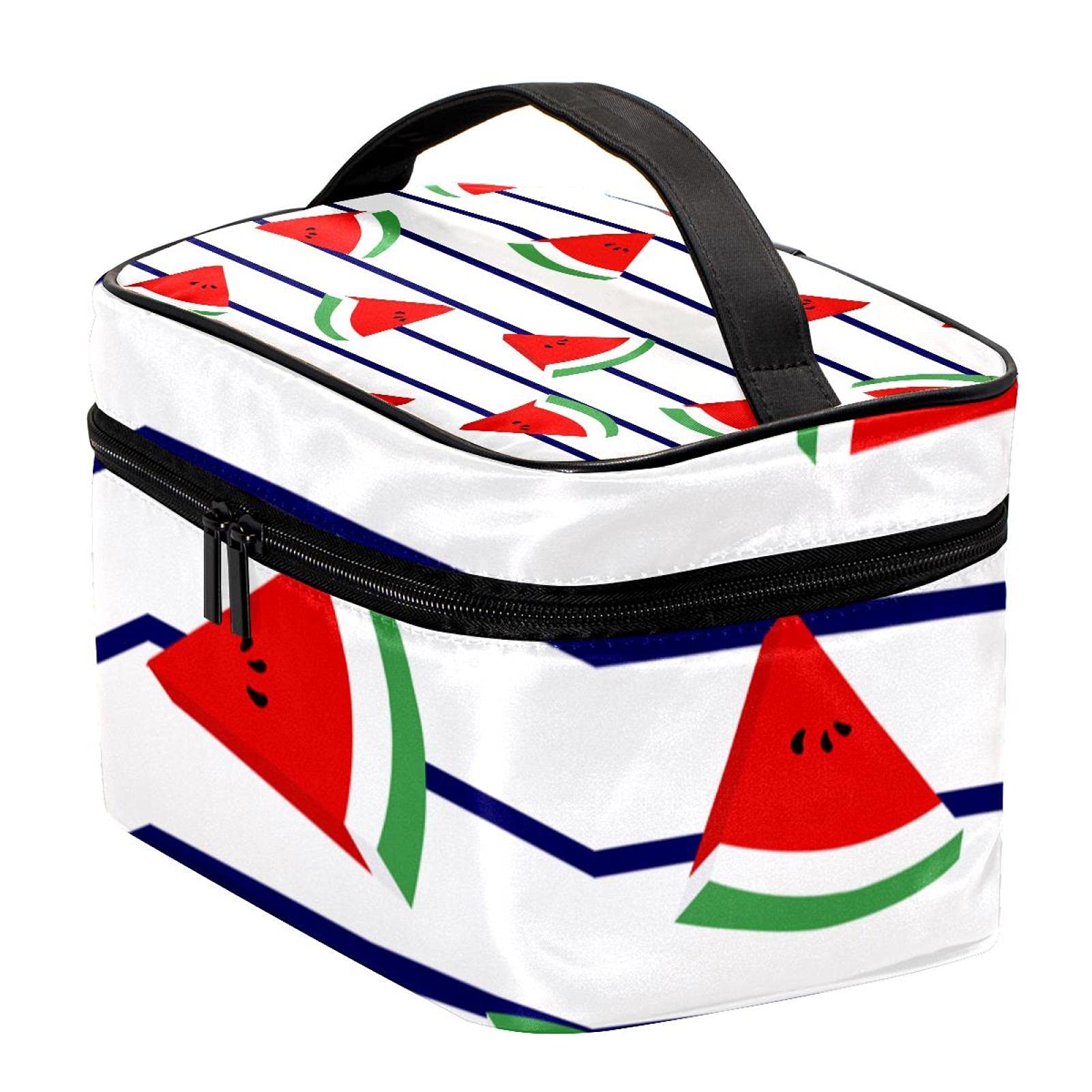 Watermelon Print Marine Stripes Travel Makeup Bag - Large Cosmetic Organizer with Zipper for Women & Girls | Perfect for Vacation, Gym, and Daily Essentials Storage