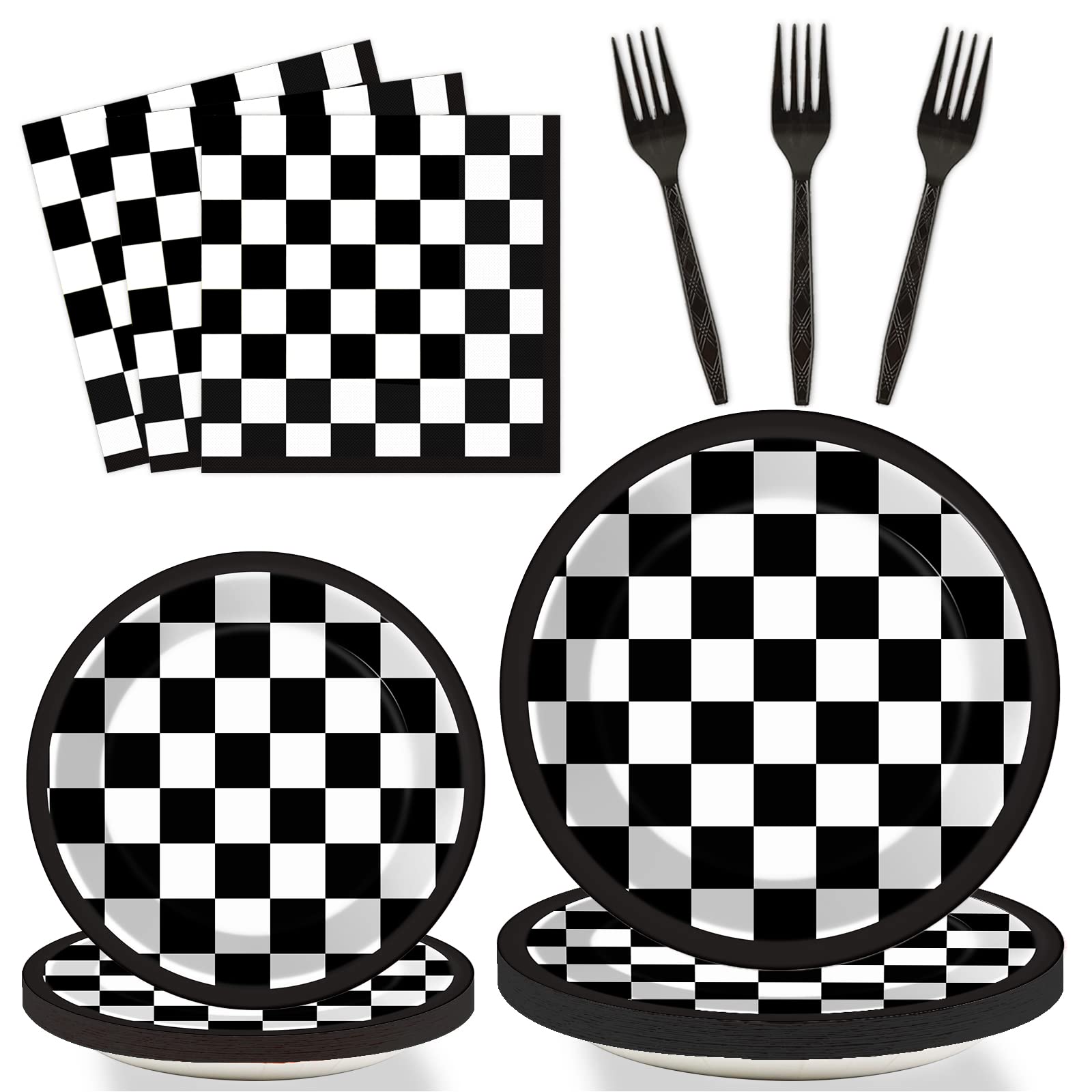 96-Piece Black and White Checkered Tableware Set - Racing Car Themed Plates, Napkins & Forks for 24 Guests - Perfect for Race Car Birthday Parties, Sports Events & Themed Dessert Tables