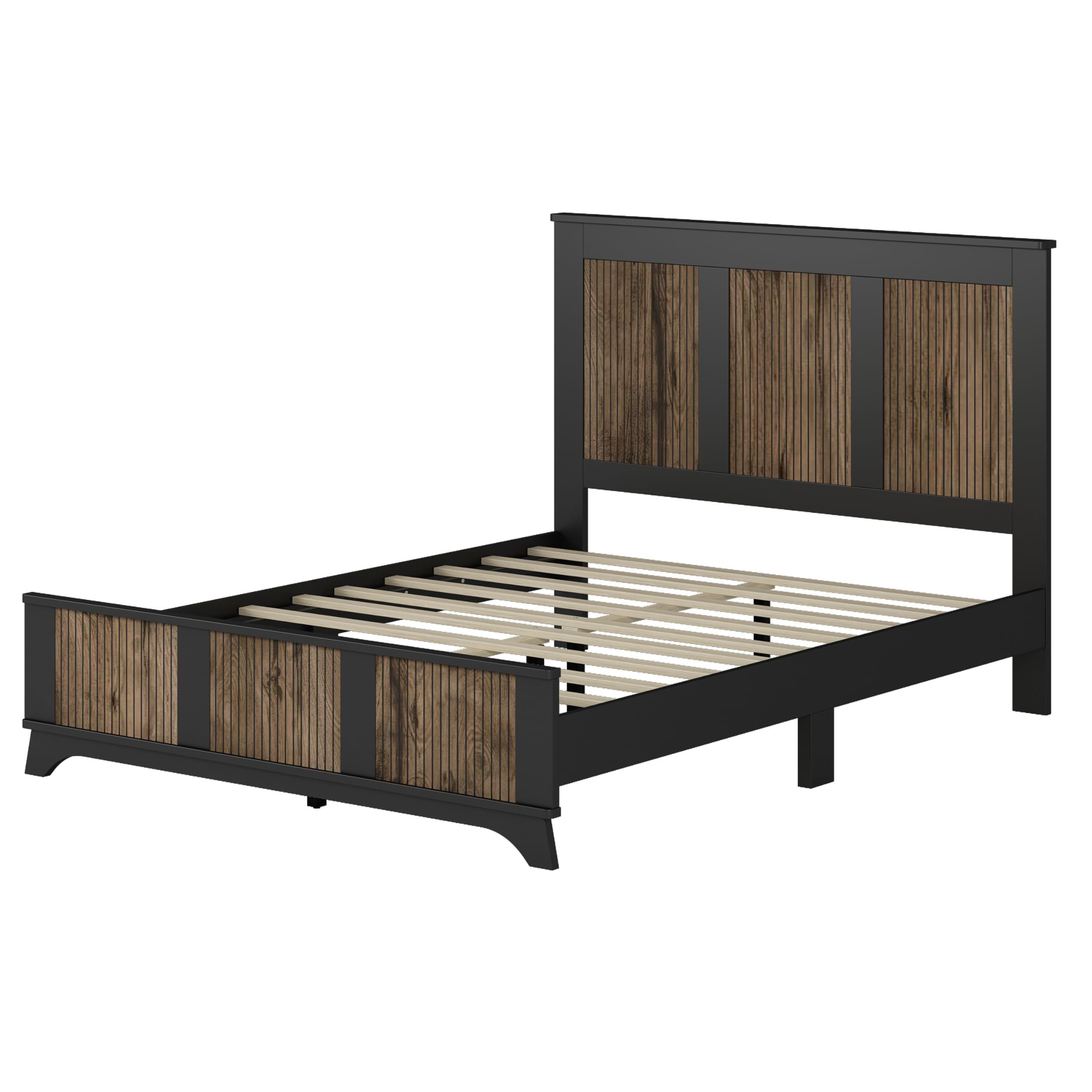 4-Piece Queen Size Farmhouse Bedroom Set - Wooden Strip Platform Bed with Storage Nightstand & Metal Handle Dresser (Black) - Perfect for Rustic, Modern or Farmhouse Style Bedrooms