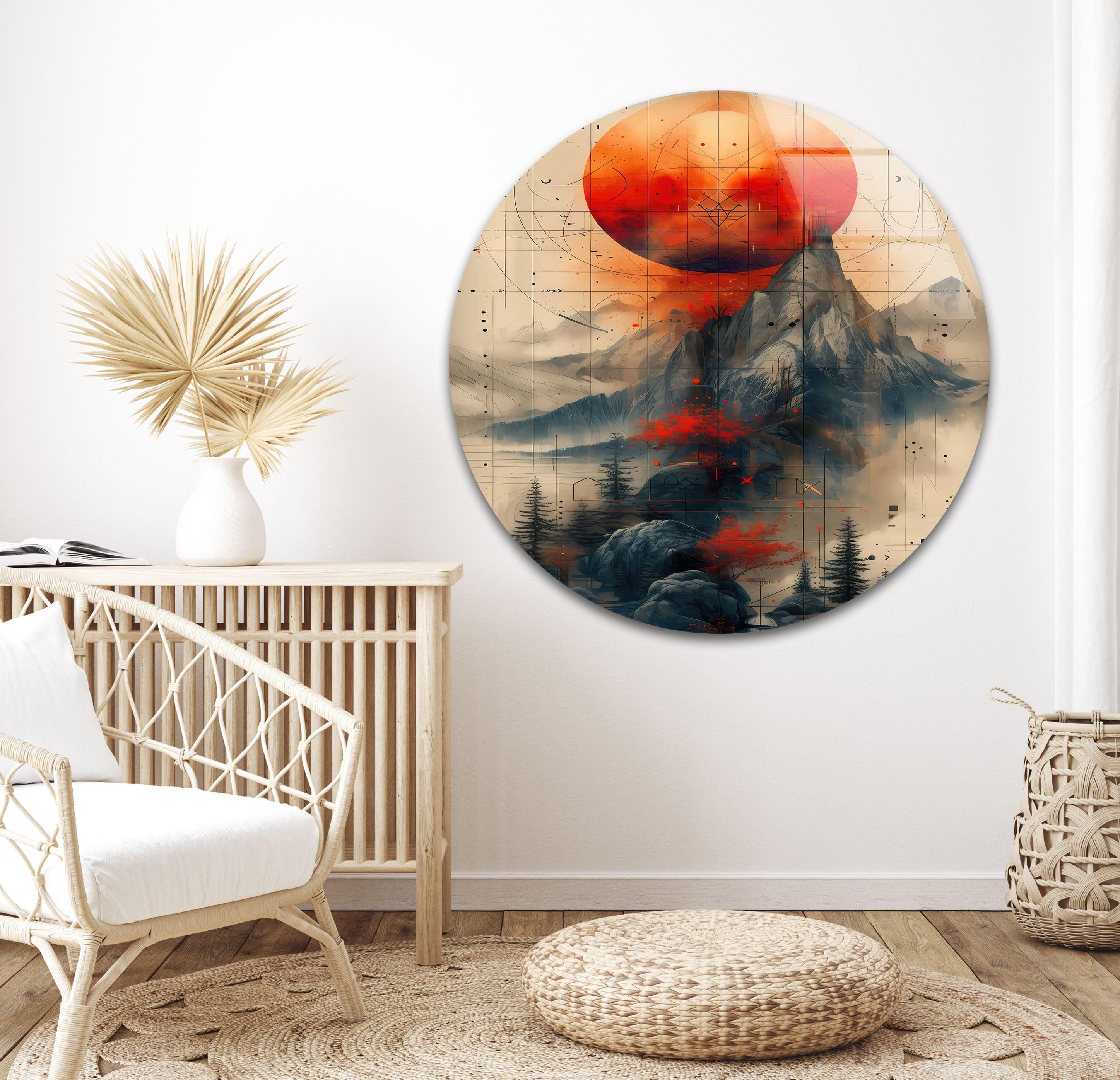 Abstract Mountain Glass Wall Art - Modern Red Sun Landscape Painting for Home & Office Decor | Perfect for Living Room, Bedroom, or Office Spaces