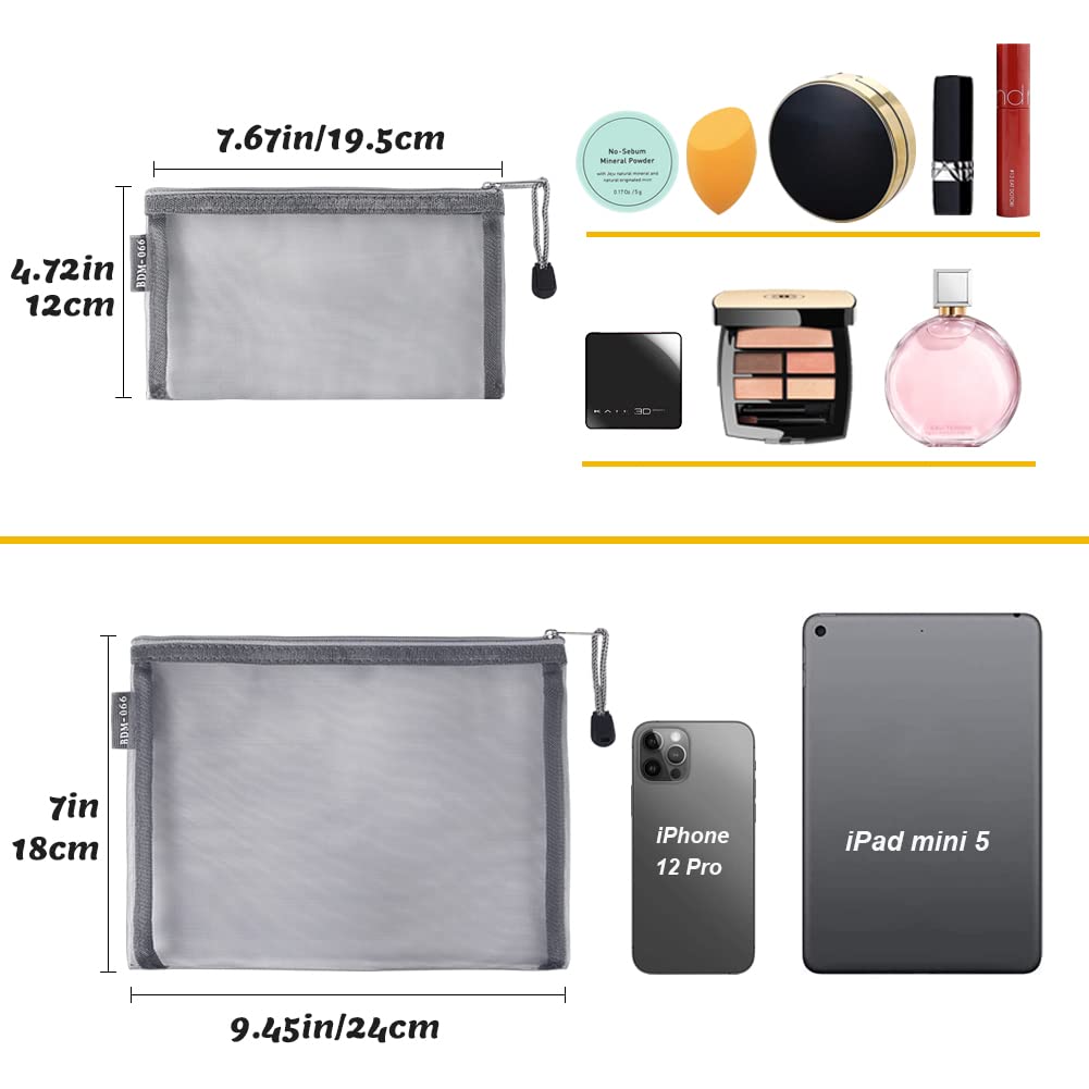 6 Pack Mesh Cosmetic Bags with Zipper - Nylon Makeup Pouches for Travel, Home, Office & Diaper Bag Organization (Gray) | Waterproof Toiletry Bags for Women & Men