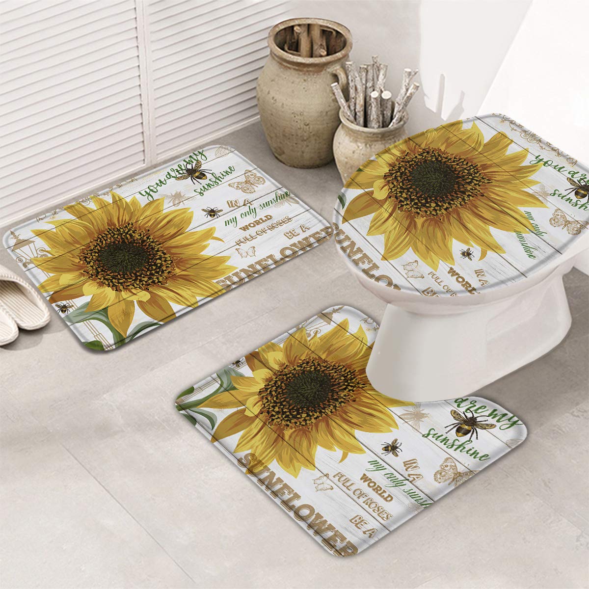 Non-Slip Sunflower Bathroom Rug Set of 3 - Soft U-Shape Contour Bath Mat with Bumblebee Butterfly Design & Toilet Lid Cover - Water Absorbent, Machine Washable for Bathroom, Laundry Room & Kitchen Use