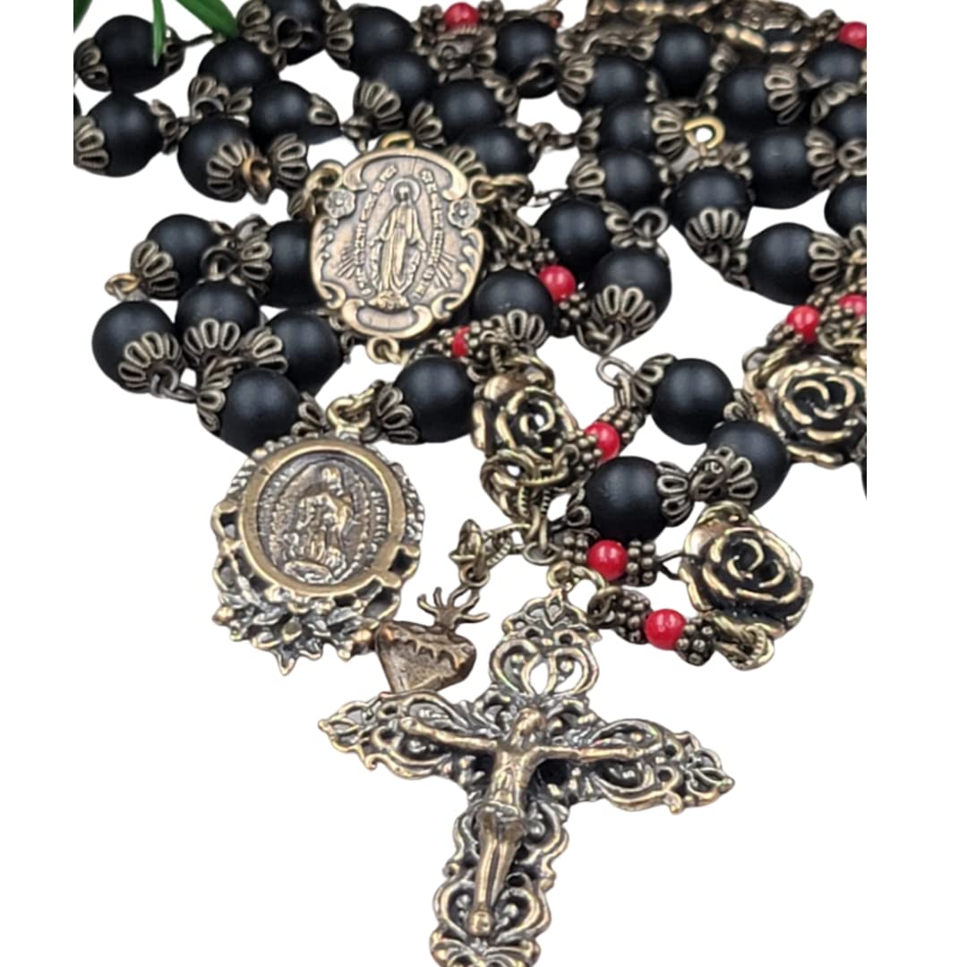 Guadalupe Miraculous Mary Sacred Heart Rosary - Black Onyx & Red Coral Beads for Protection, Courage & Prosperity | Day of the Dead Skull Design | Perfect for Prayer, Meditation & Spiritual Gifts