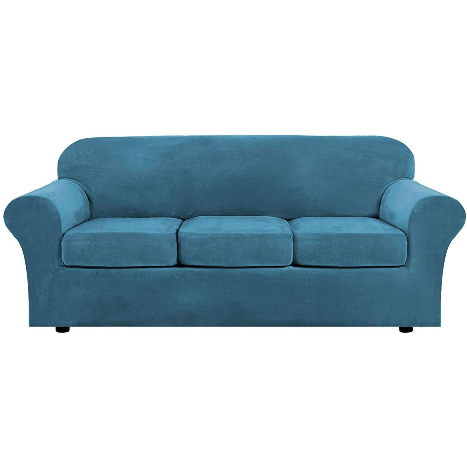 JHLD 4-Piece Velvet Stretch Sofa Cover Set - Soft Machine Washable Couch Slipcover for 3-Cushion Couches, Peacock Blue (Fits 3-Seater Sofas) - Perfect for Living Room Furniture Protection & Home Decor Upgrade