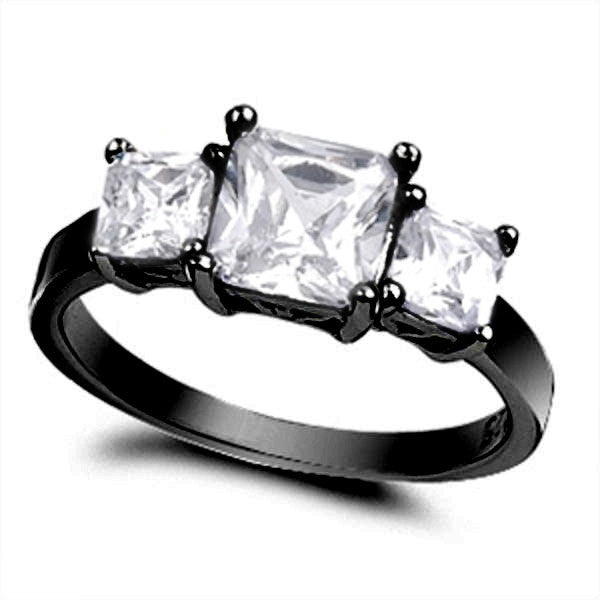 2.50CT Princess Cut Square Russian Ice Diamond CZ Black Gold 925 Sterling Silver Three Stone Ring - Wedding, Engagement, Anniversary Gift for Her - Perfect for Proposals, Bridal Jewelry & Special Occasions