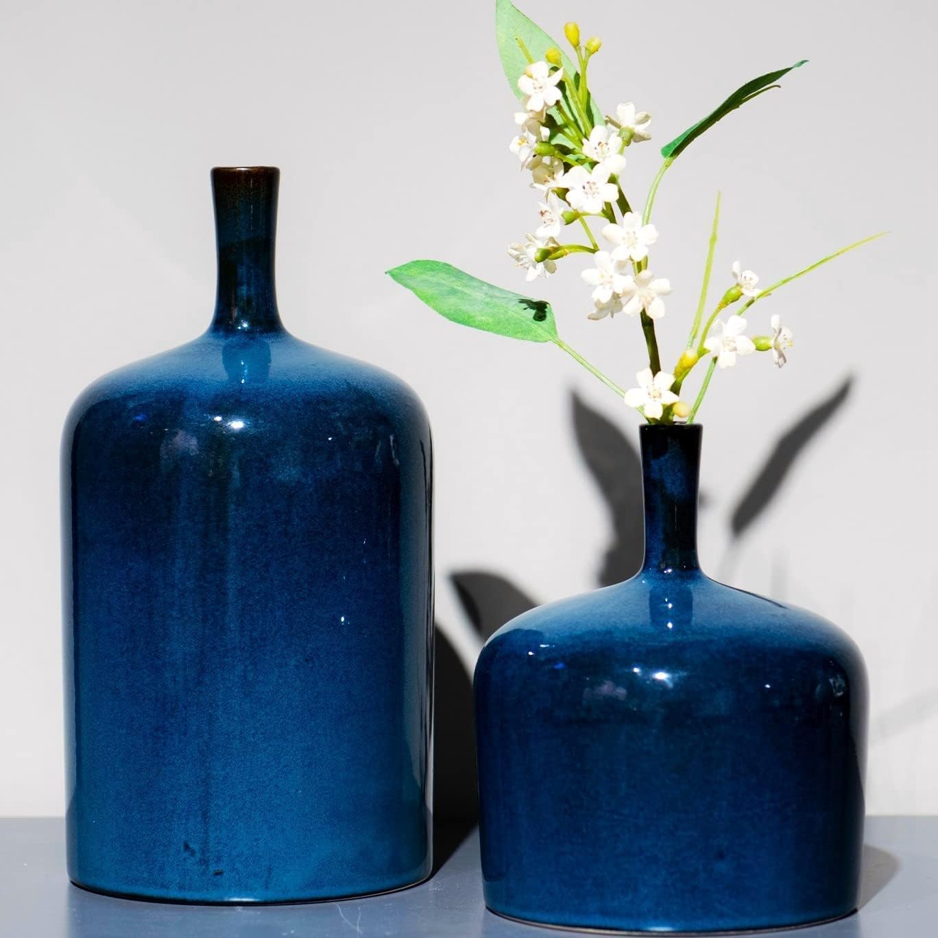 Ceramic Vase Set of 2 - Modern Reactive Glaze Blue Flower Vases for Centerpieces, Long Neck Home Decor for Bedroom, Kitchen, Dining Table | Perfect for Wedding, Housewarming & Farmhouse Decor