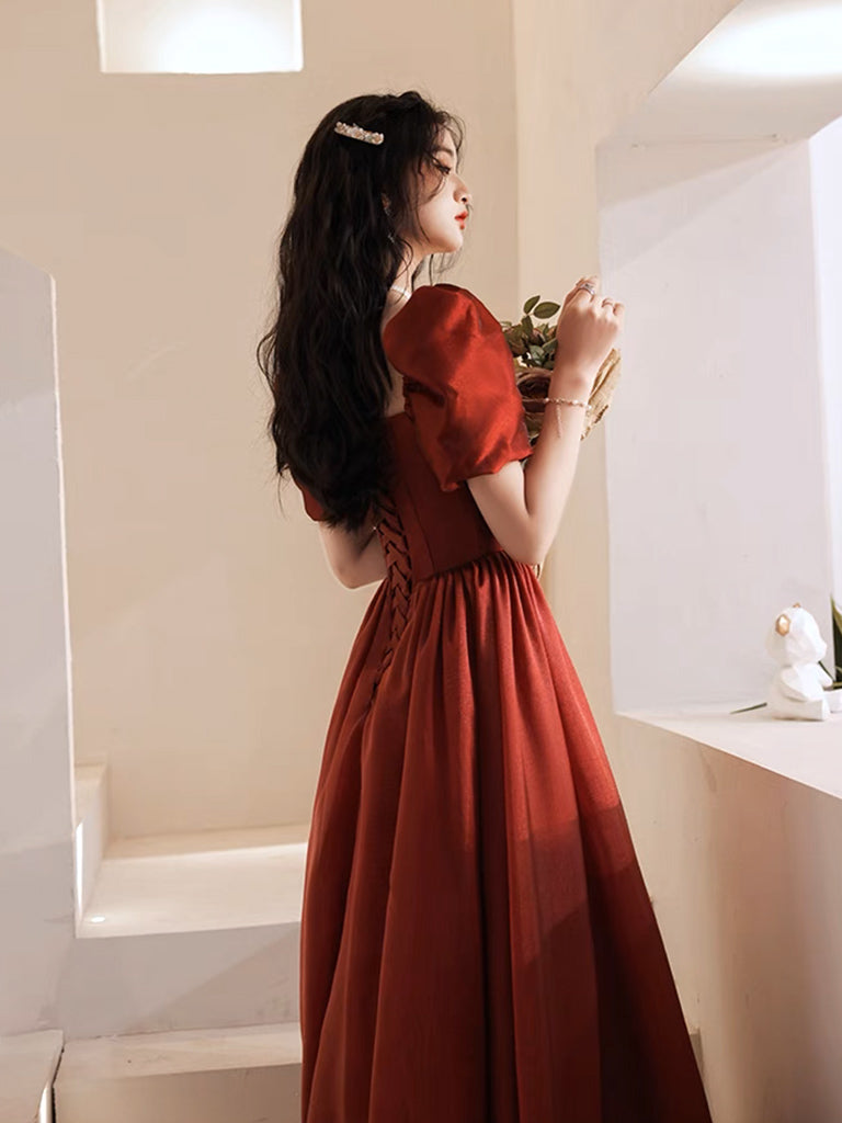 Elegant A-Line Puff Sleeves Organza Burgundy Long Prom Dress & Evening Gown for Homecoming, Wedding, Party - Formal Occasions & Special Events